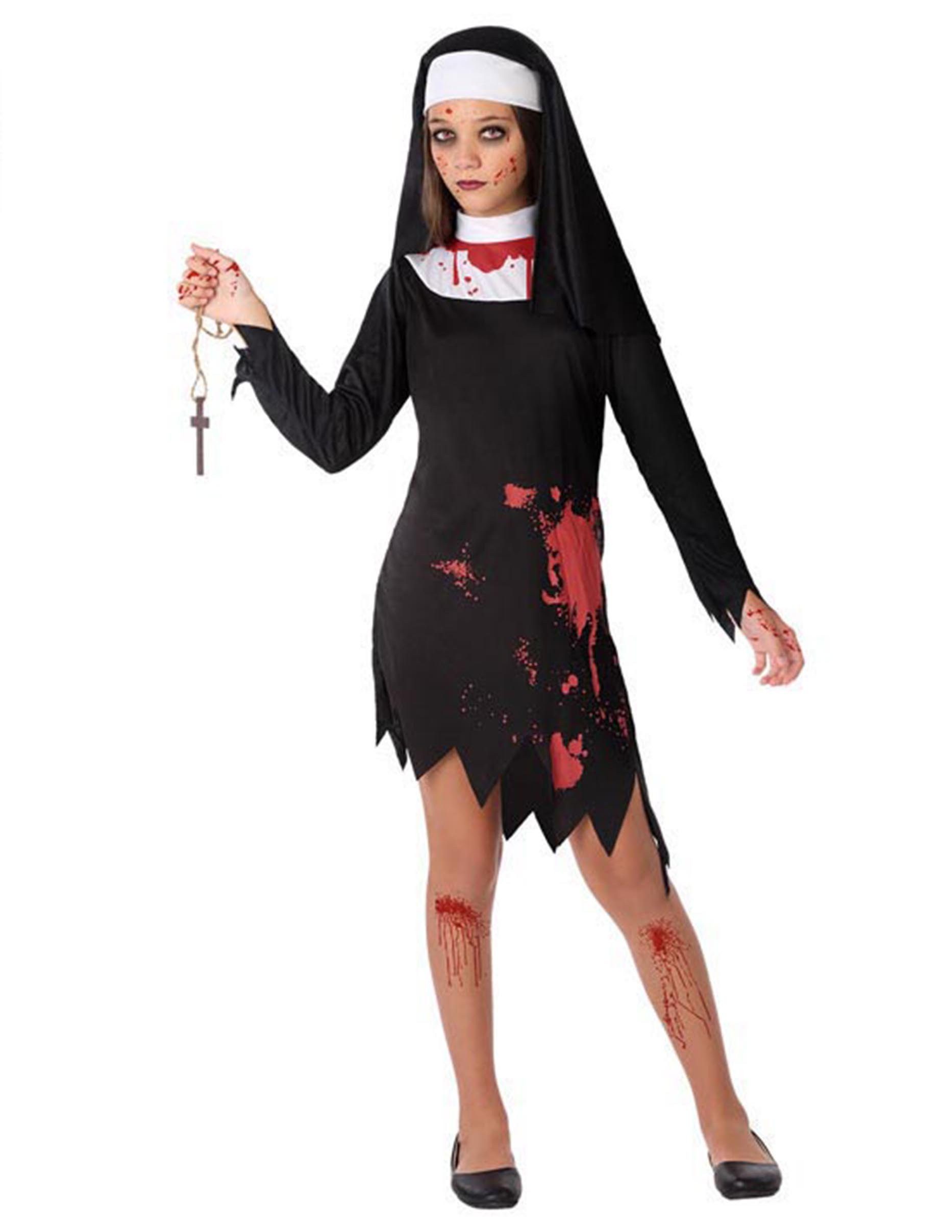 atosa Zombie-Kostüm Blutiges Nonnen-kostüm für Mädchen Halloweenkostüm schwarz-weiss-rot