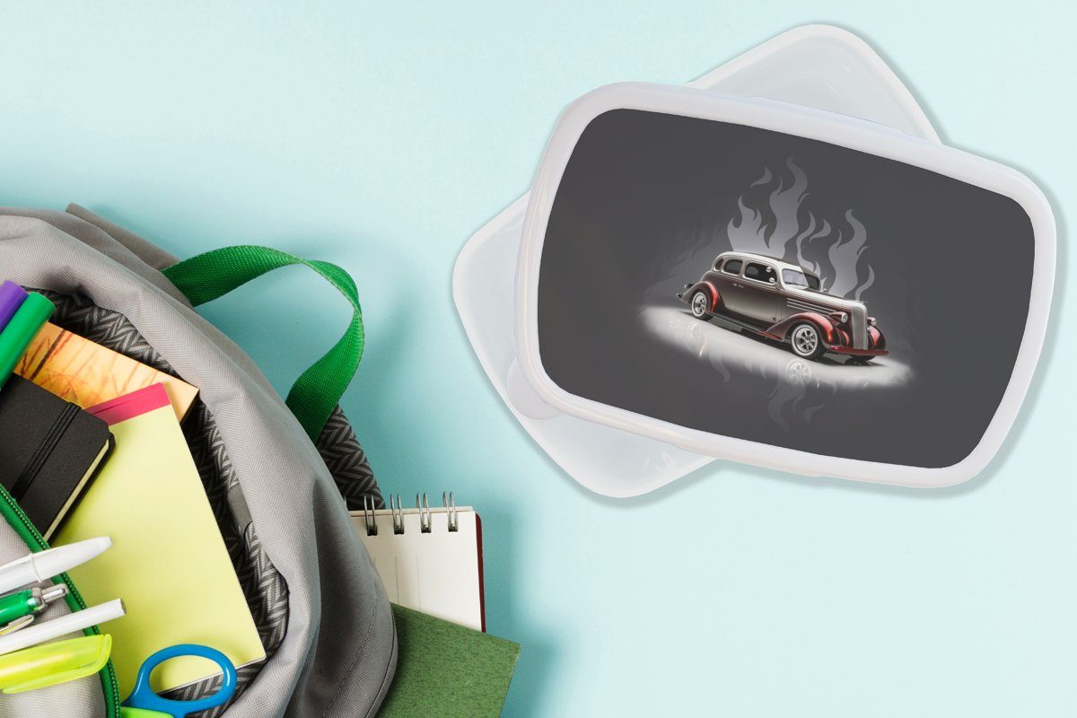 MuchoWow Lunchbox Auto - Brotdose, Kunststoff, und - Brotbox Weiß Mädchen für Kinder Flammen Jungs für (2-tlg), Erwachsene, - Vintage, und