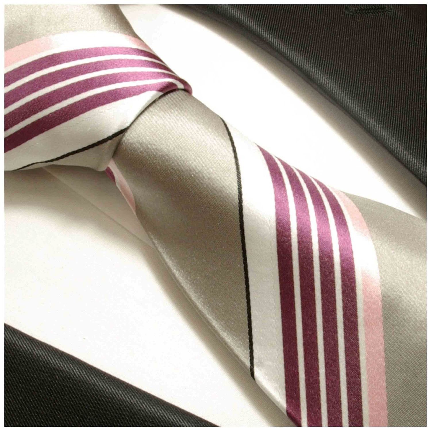 2-St., grau (Set, Herren 713 Schmal (6cm), gestreift Malone Krawatte Paul Einstecktuch) Tuch pink 100% und mit Krawatte Seidenkrawatte modern Seide