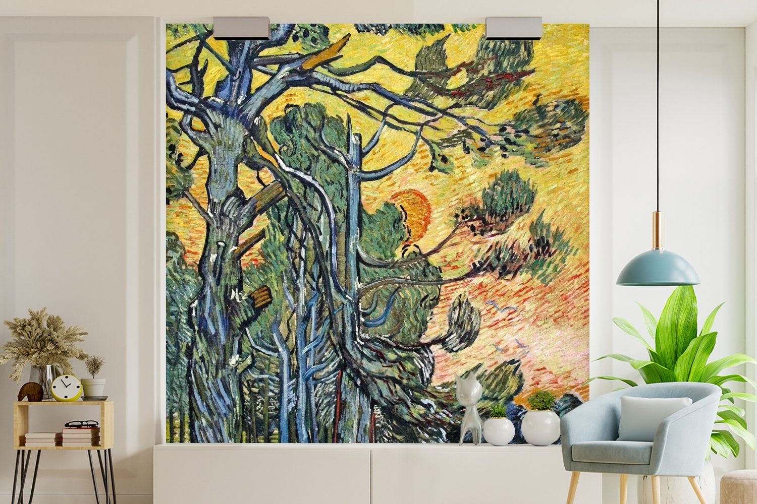 Gogh, Küche, bedruckt, Fototapete Schlafzimmer van bei Fototapete Vincent Vliestapete (4 Sonnenuntergang für Wohnzimmer Tannenbäume MuchoWow - Matt, St),