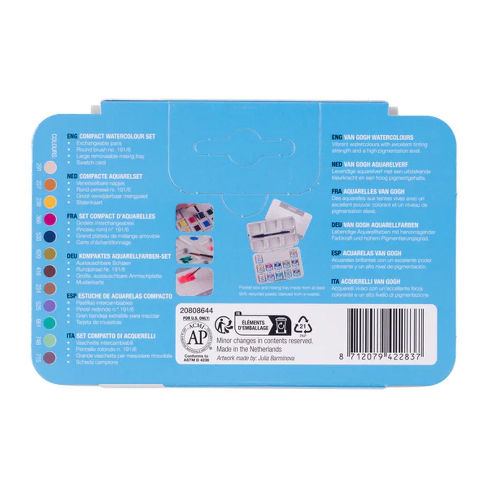 van Gogh Aquarellfarbe Pocket Box Aquarellfarbkasten mit 12 Farben in halbe Näpfchen, Muted Colours - Gedeckte Farben