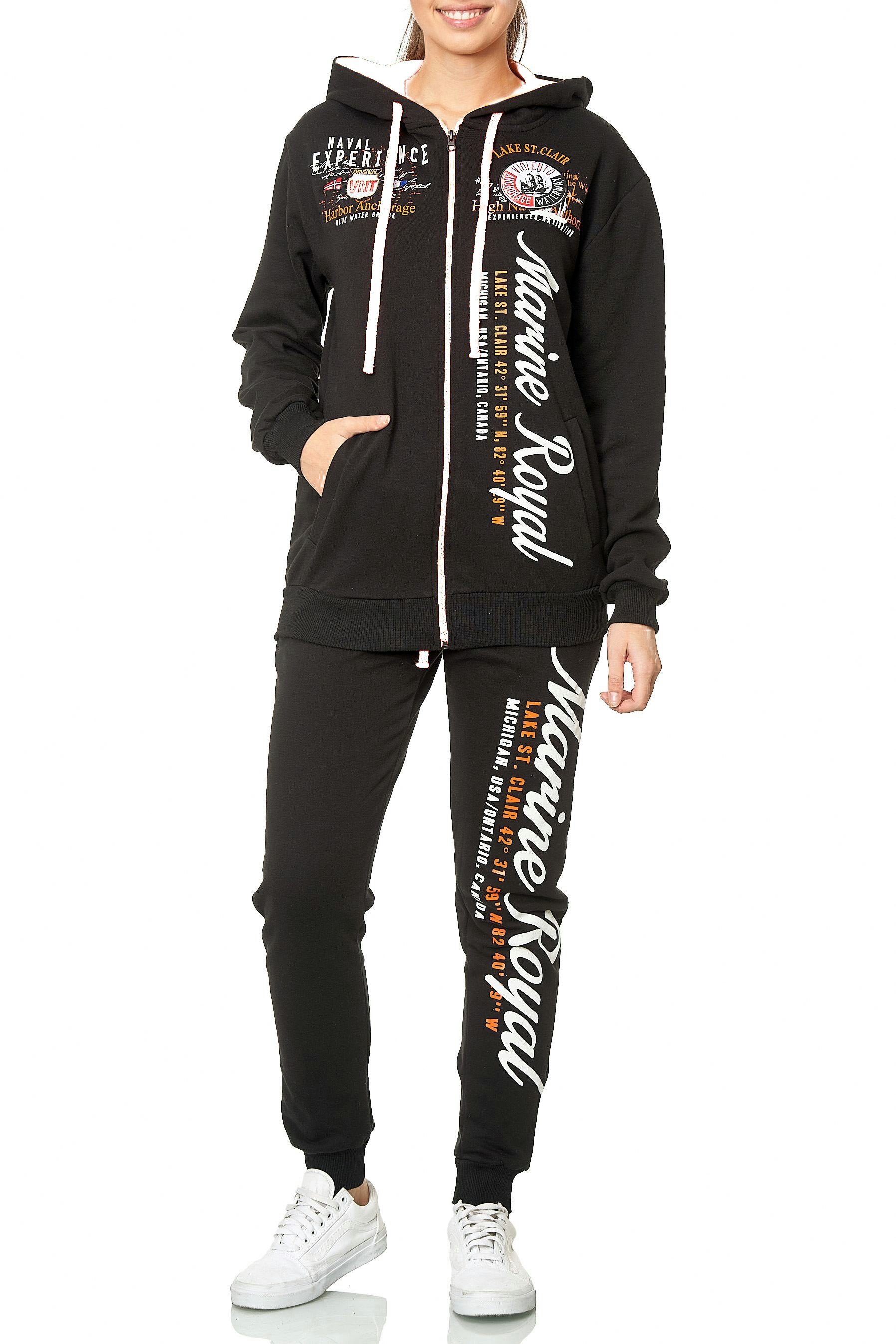 L.gonline Freizeitanzug Damen Jogging-ANZUG, Trainingsanzug gestickte Muster, Marine Royal (Kapuzenjacke mit Reißverschluss, Hose, 2-tlg), Fitness Freizeit Casual