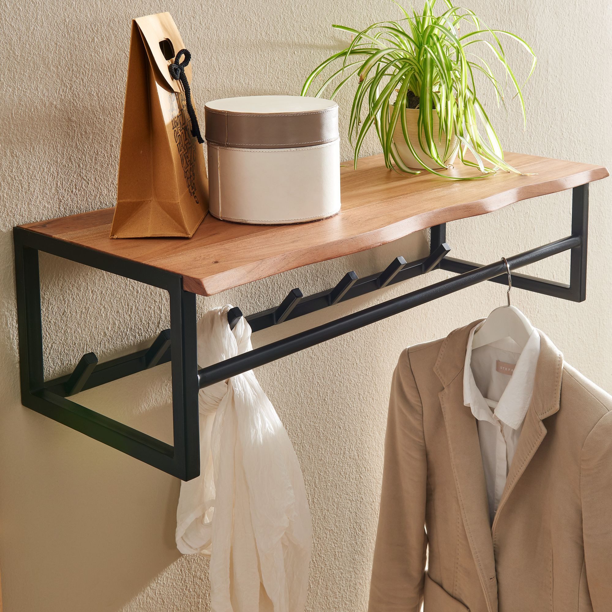 FINEBUY Garderobenpaneel Wandgarderobe Holz Metall 80 cm Garderobe mit Ablage Flur (Akazie Massivholz / Metall 80 x 22 x 33 cm), Hakenleiste Ablage, Garderobe Flurgarderobe Wand