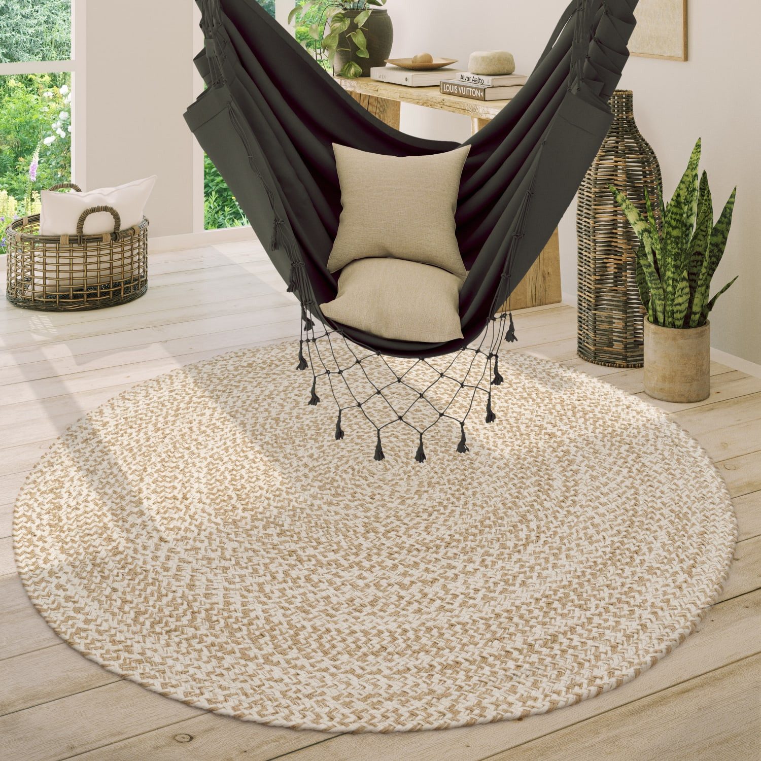 KADIMA DESIGN Teppich Boho wendbar 100% Baumwolle schmutzabweisend Baumwollteppich, Rund, Höhe: 9 mm, Florhöhe: 5 mm, pflegeleicht, Rücken aus Jute, Rund, 80Dcm, Beige