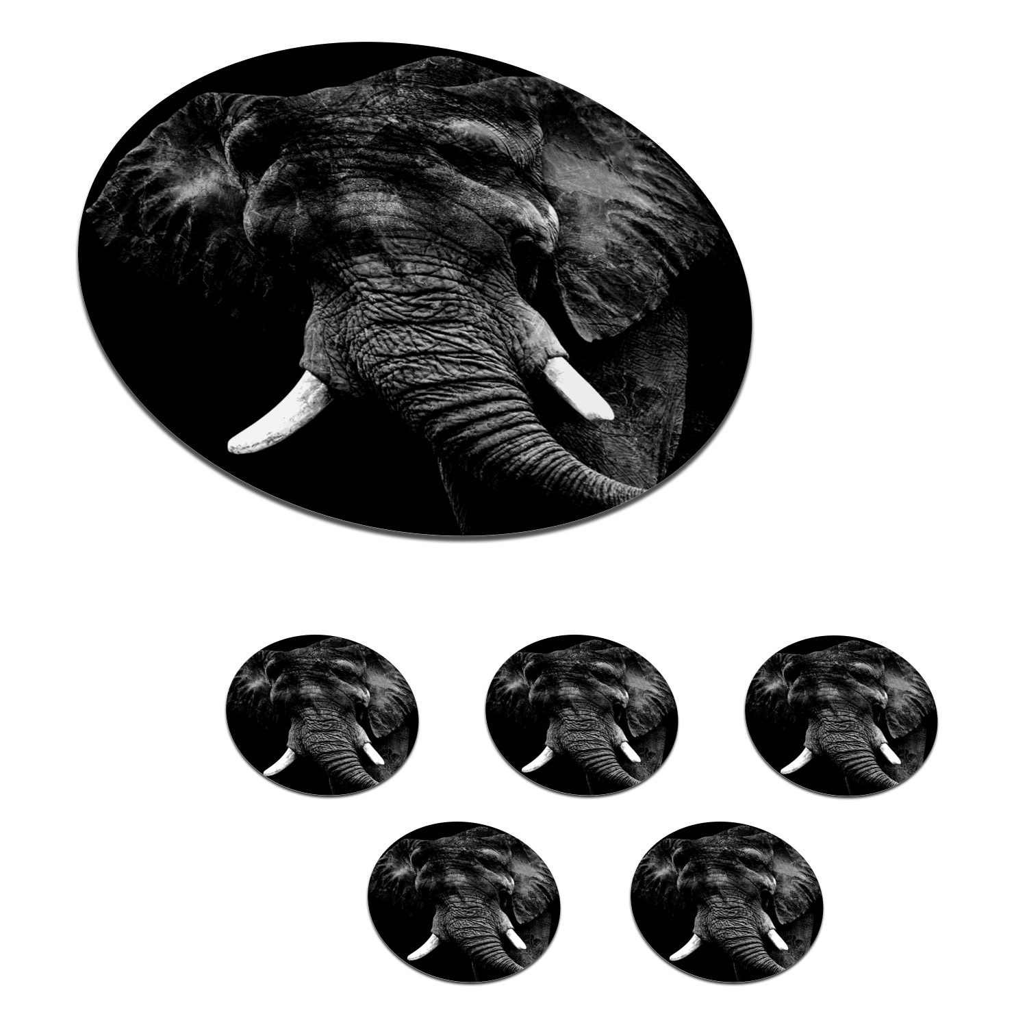 MuchoWow Glasuntersetzer Elefant - Gläser, 6-tlg., Becher - für Tiere Zubehör Zähne Tassenuntersetzer, Getränkeuntersetzer, - Schwarz Weiß, Tasse, - Korkuntersetzer