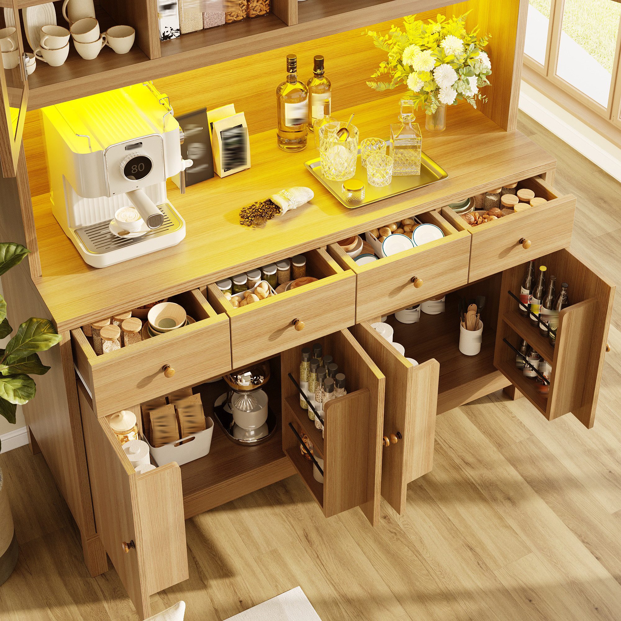 STILVORA Hochschrank Vitrine mit verstellbaren Einlegeböden Highboard mit LED in Naturholz (Glaskasten, 4 Schubladen, Türen, Arbeitsfläche, Holzdekor, Offene Fächer, verstellbare Böden, Snackhalter, robust 100kg) für Küche, Esszimmer, Wohnbereich, Büro, Kaffeestation