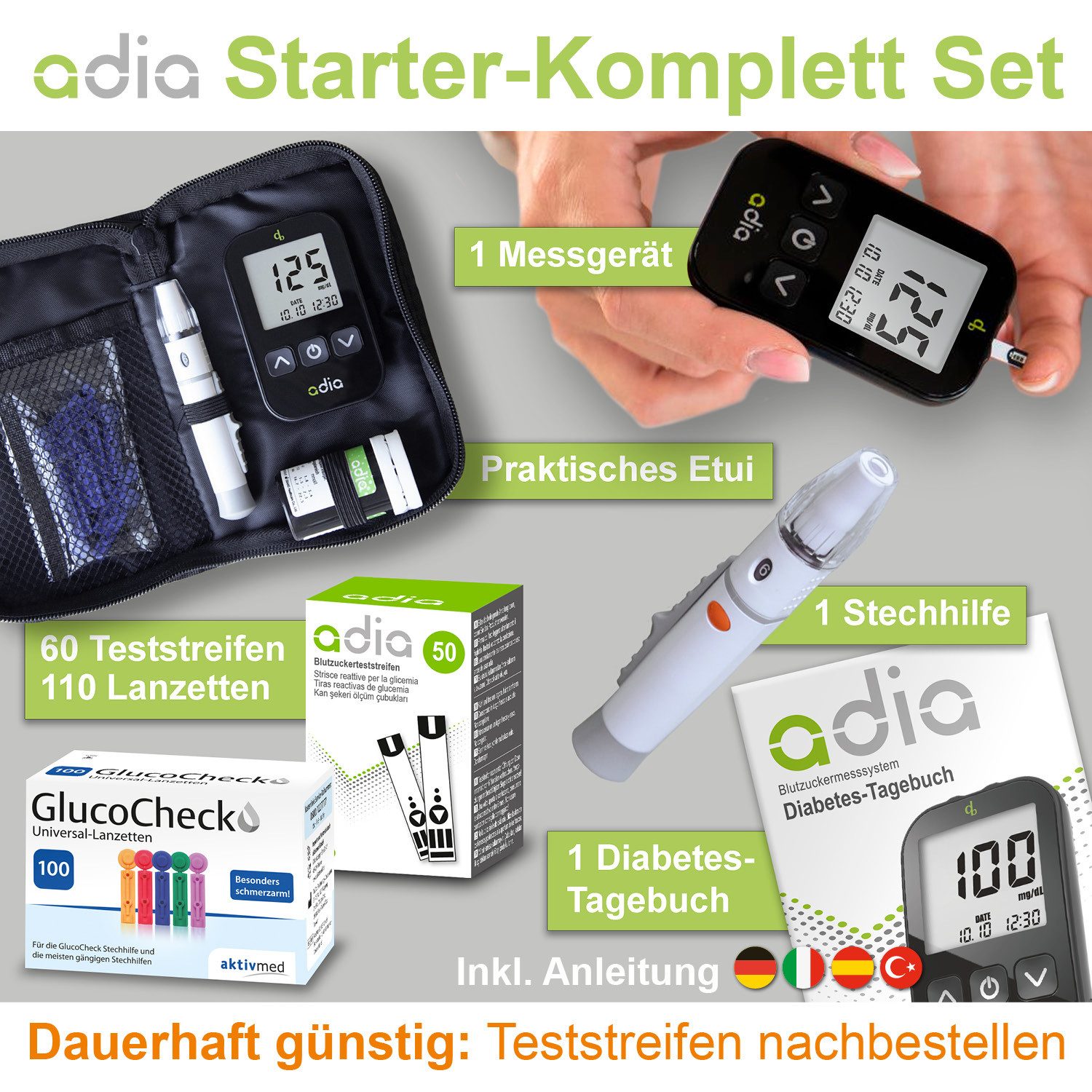 ADIA Blutzuckermessgerät adia Blutzuckermessgerät Set + 60 Teststreifen + 110 Lanzetten mg/dl