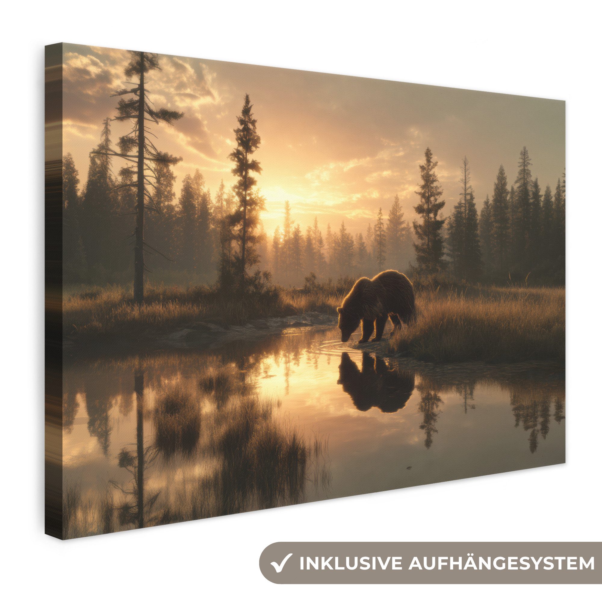 OneMillionCanvasses® Leinwandbild Bär - Wasser - Wald - Morgenlicht, Fotodruck (1 St), Leinwand Bilder Klein, Wand Dekoration Aesthetic 30x20 cm