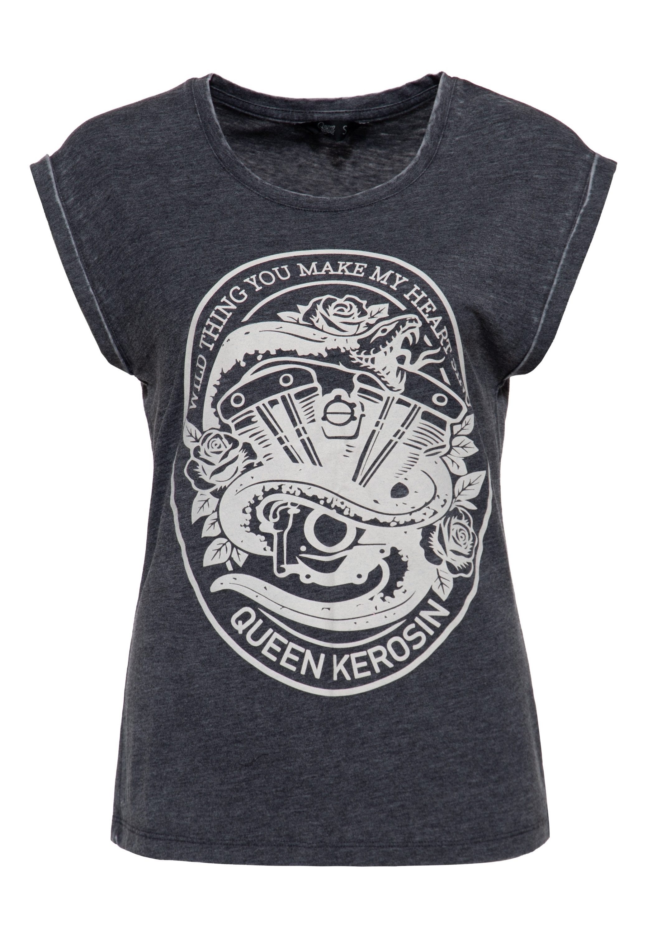 QueenKerosin Print-Shirt Wild Thing Ovaler Frontprint mit Motor, Schlange und Rosen sowie Enzymwaschung