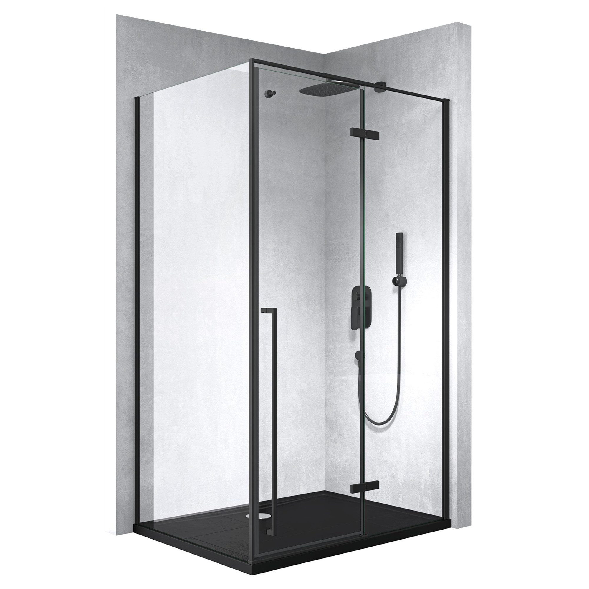 Mai & Mai Eckdusche Duschkabine Duschabtrennung Schwarz 6mm ESG in Klarglas H: 195cm R64K, BxT: 100x80 cm, Einscheibensicherheitsglas, ebenerdiger Einbau möglich