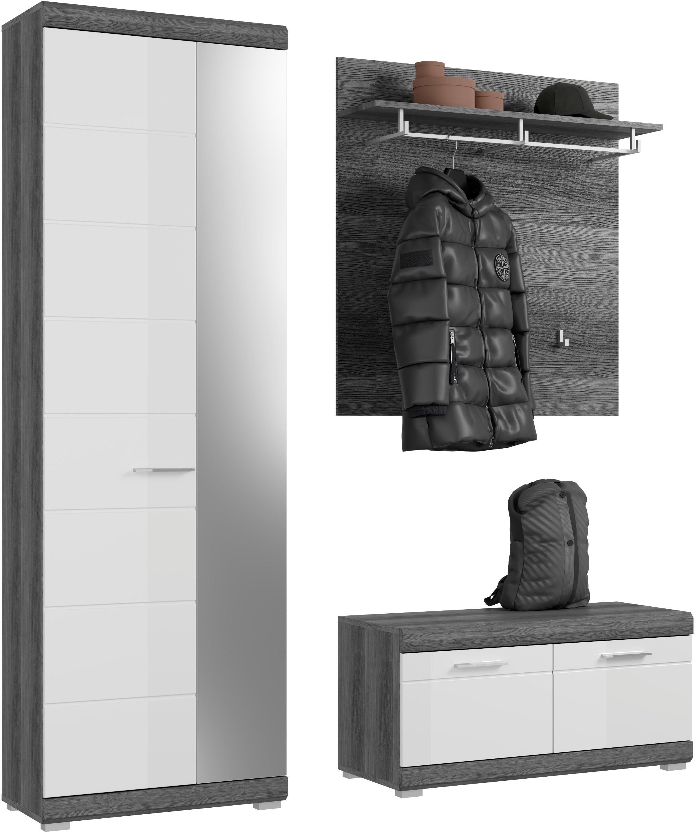 Home affaire Garderoben-Set SIENA, Breite 167 cm, 3-teiliges Set, individuell stellbar, (Komplett-Set, 3-St., bestehend aus: Garderobenschrank, Sitzbank und Garderobenpaneel), Garderobenkombination, Flurgarderobe, Flur, Garderobe, Diele