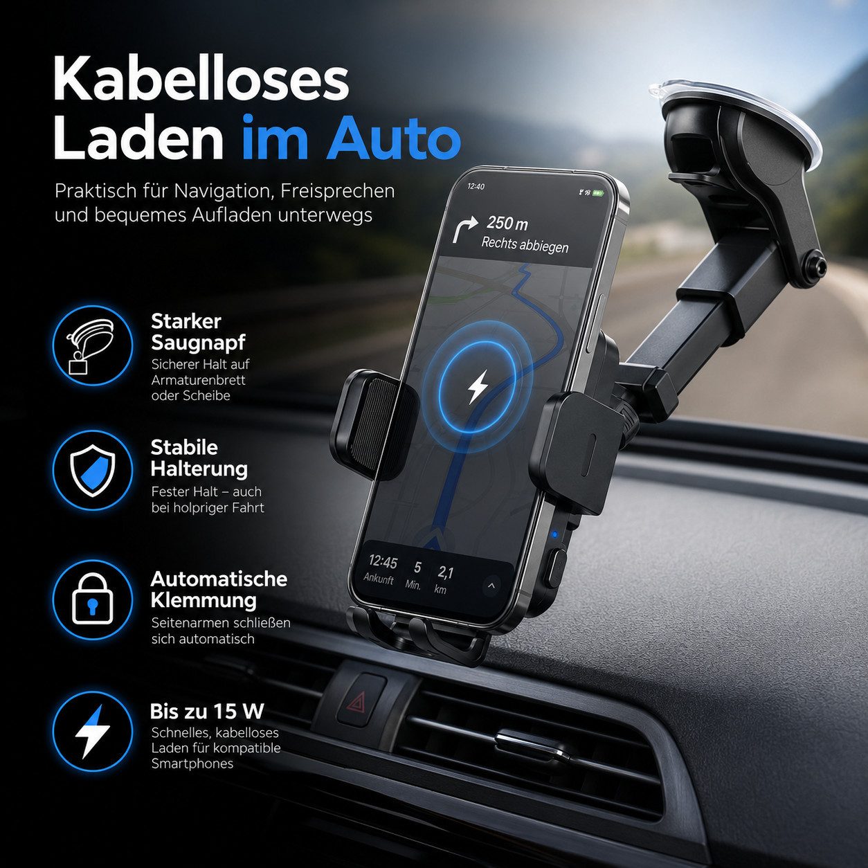 Tekoo Smartphone-Halterung Handyhalterung Auto kabellos, 15W Qi-Schnellladegerät 2-in-1 Montag, (bis 6.8 Zoll, Schnellladen, Auto-Klemmung, 360°-Drehung, Teleskoparm, LED-Erkennung)