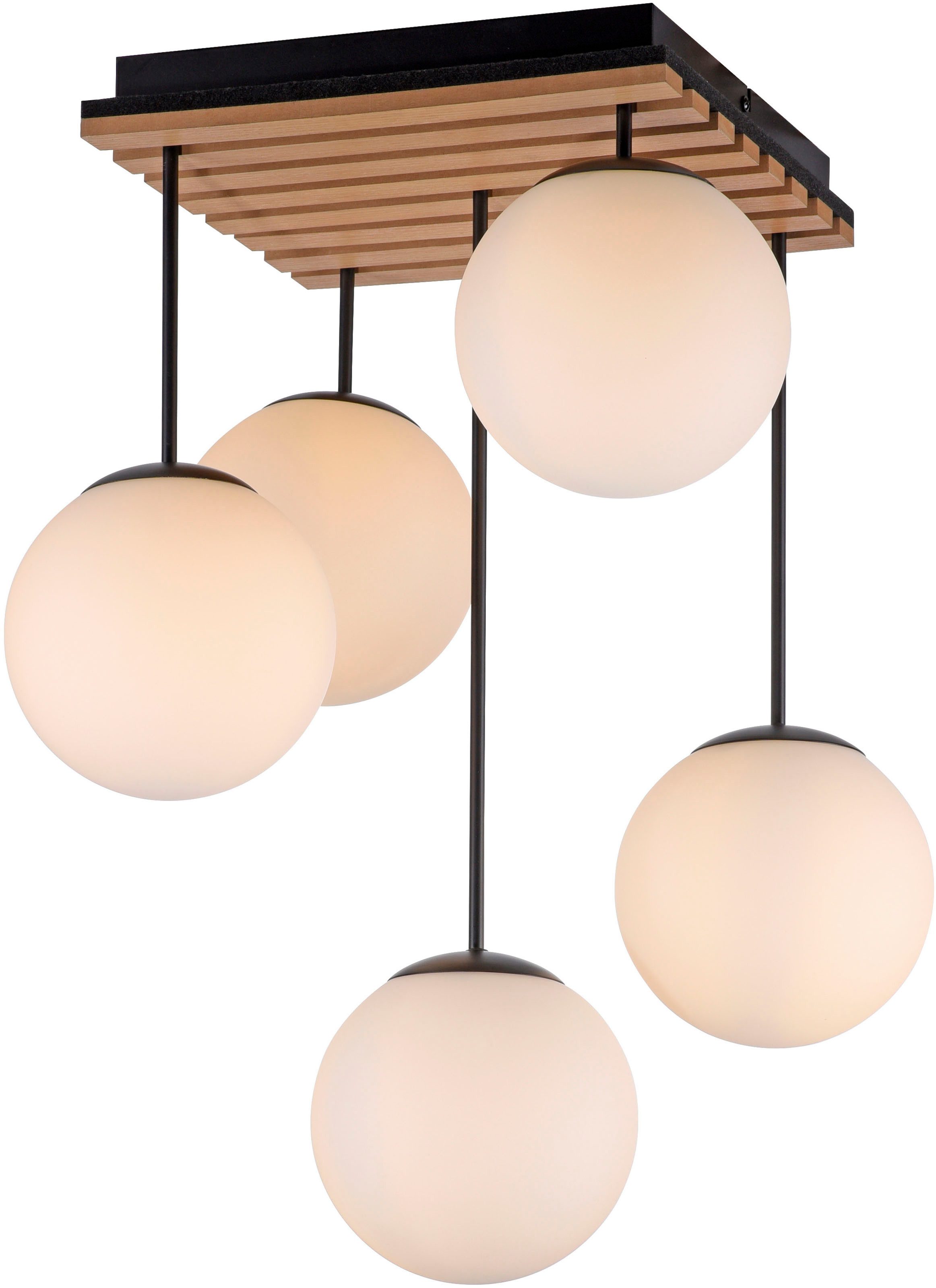OTTO home Deckenleuchte Evinnia Akustikpaneele mit Glaskugeln, ohne Leuchtmittel, Leuchtmittel wechselbar, Warmweiß, Holz, Akustik, Paneele, Glas, Deckenlampe E14