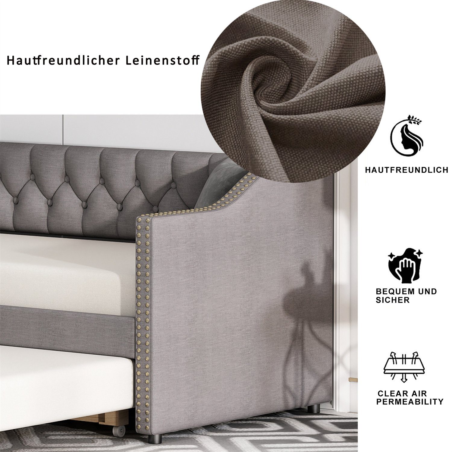 Daybett (Polsterbett mit Ausziehbarem Unterbett und Lattenrost), Schlafsofa Kinderbett Gästebett 90x200cm, Leinen