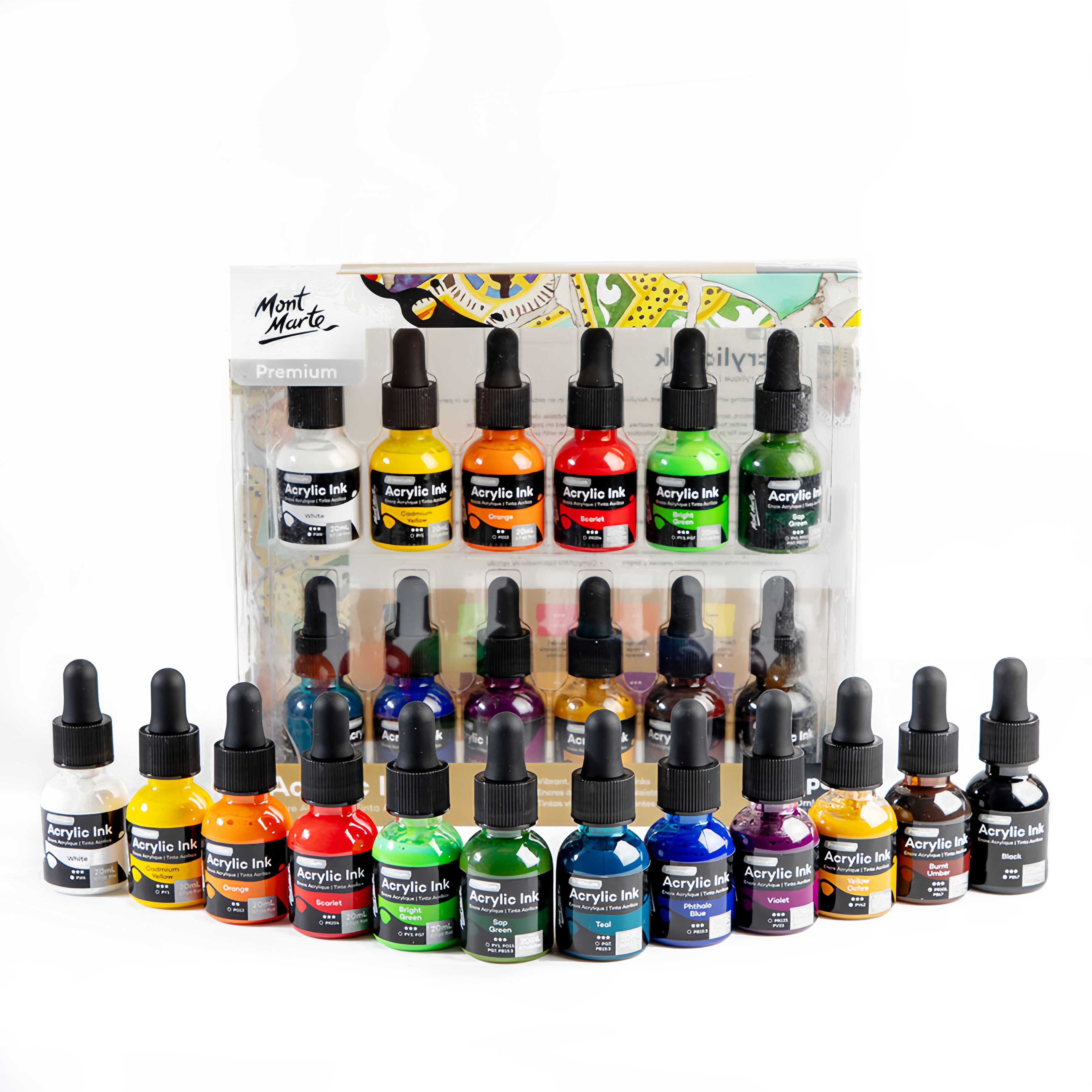 Mont Marte Acrylfarbe Acryl Tinte - Acryl Color Ink, 6 / 12 / Neon x 20 ml,leuchtende Цвета, wasserfest nach dem Trocknen, vielseitig einsetzbar für feine Details