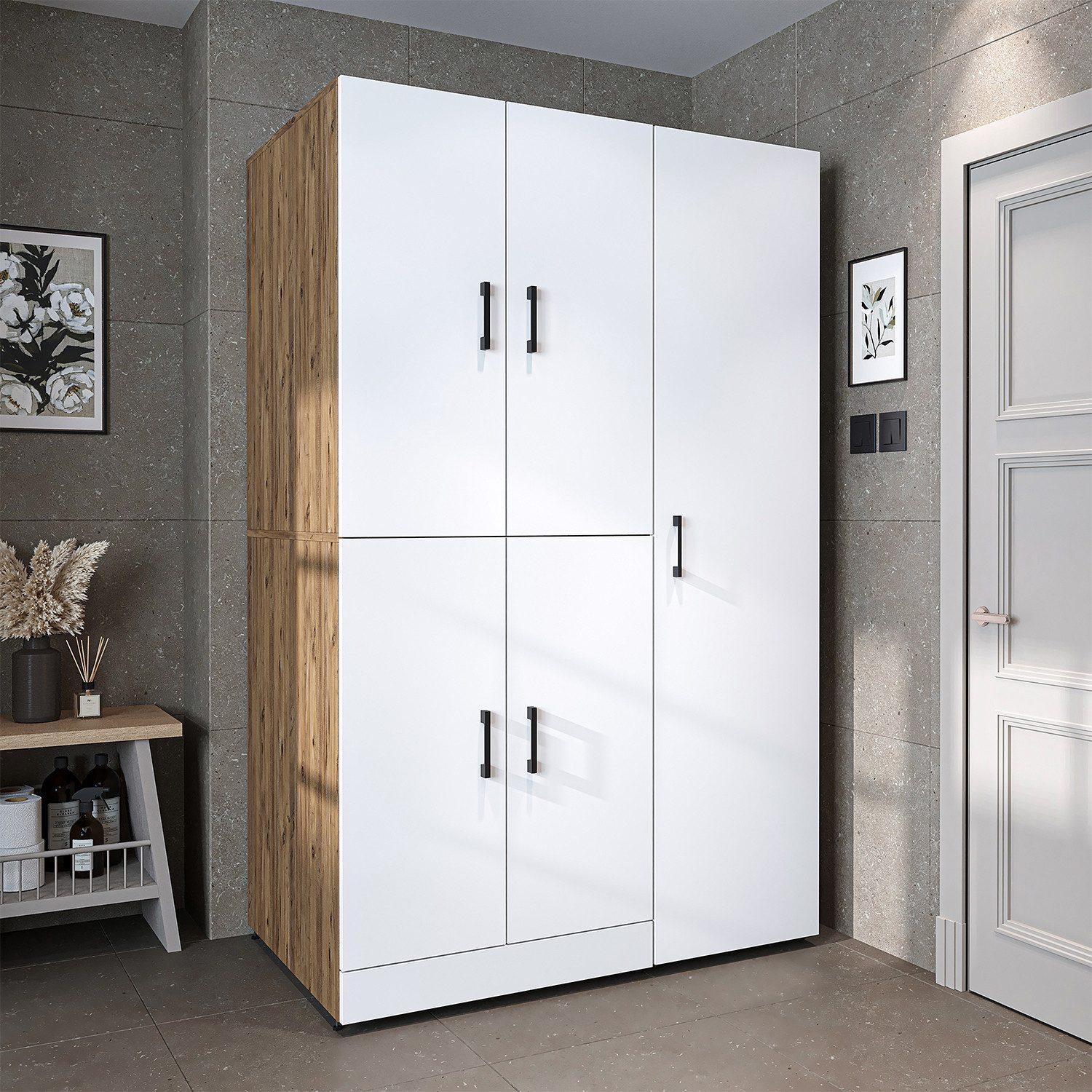 Roomart Waschmaschinenumbauschrank DORA Waschturm 115 cm mit Hochschrank, Soft-Close, 4 Farben (Waschmaschinenschrank DORA für Trockner & Waschmaschine in 4 Farben) Soft-Close-TÜren, Vollauszug, 130kg Belastbarkeit, 4 Farben