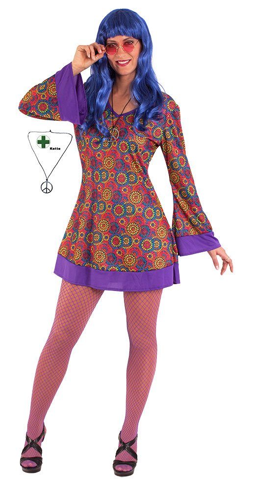Karneval-Klamotten Hippie-Kostüm »Damenkostüm Woodstock mit Peace Kette«,  Kleid lila-bunt, V-Ausschnitt, mit Haarband und Halskette online kaufen |  OTTO