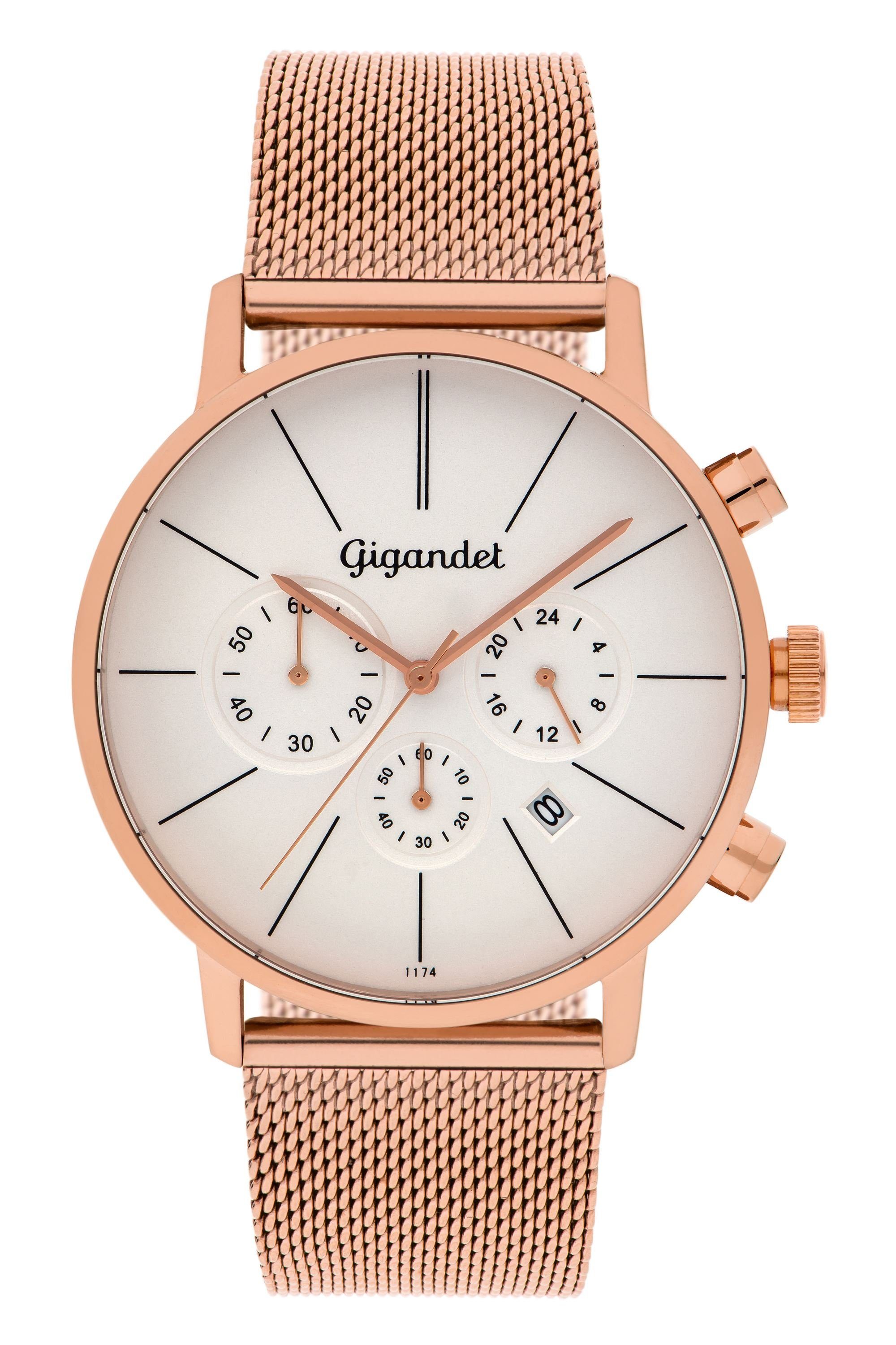 Gigandet Chronograph MINIMALISM Armbanduhr Uhr Damenuhr Herrenuhr Unisex weiß rotgold G32-007, Mesharmband, Edelstahlgehäuse, 3ATM wasserdicht, Modell G32-007