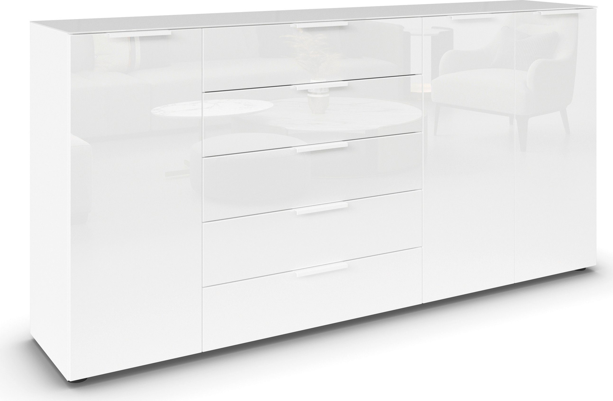rauch Kombikommode Kommode Türkommode Sideboard Kombikommode FLIPP mit Glasfront (Breite 200 cm mit 4 Einlegeböden), 3-türig, 5 Schubladen, Soft-Close-Funktion, Oberboden und Front Glas