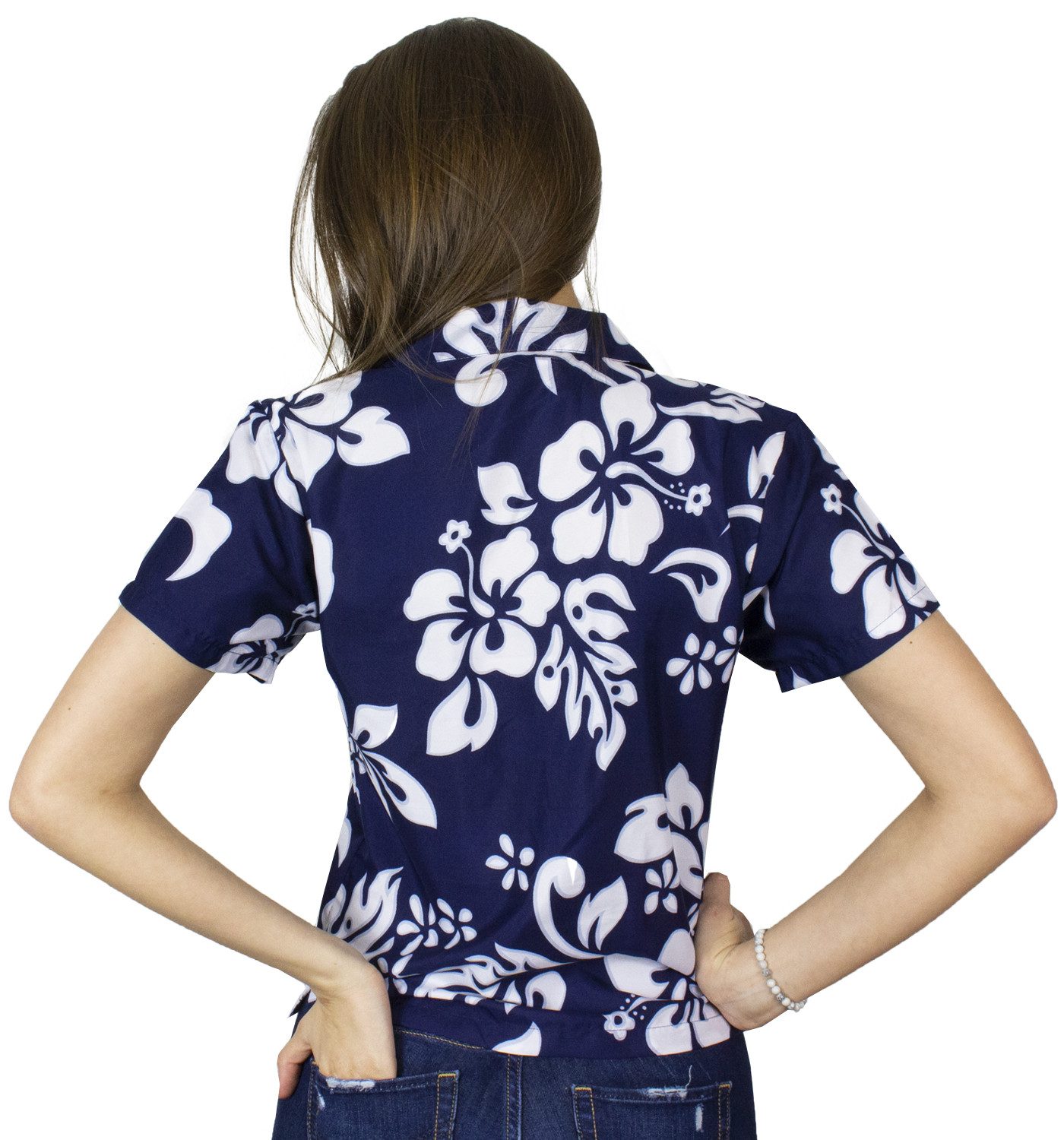 King Kameha Hawaiihemd Hibiscus Funky Hawaiibluse Damen Kurzarm Front-Tasche Stylish
