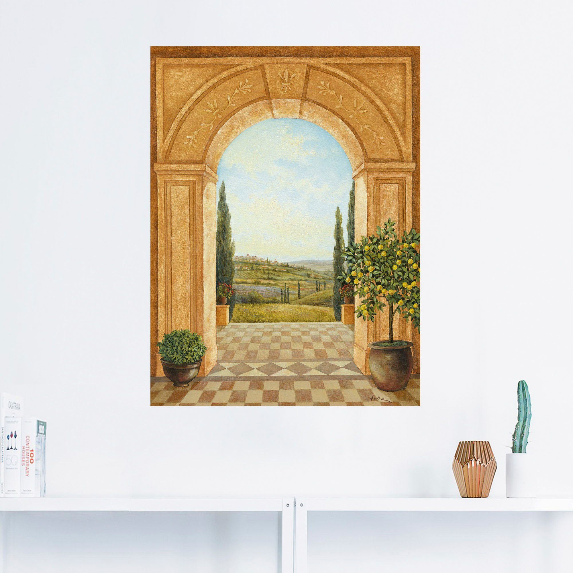 Leinwandbild, Wandaufkleber Ausblick in Fensterblick mit Artland als Zitronenbaum, oder Poster (1 versch. Größen Alubild, St), Wandbild