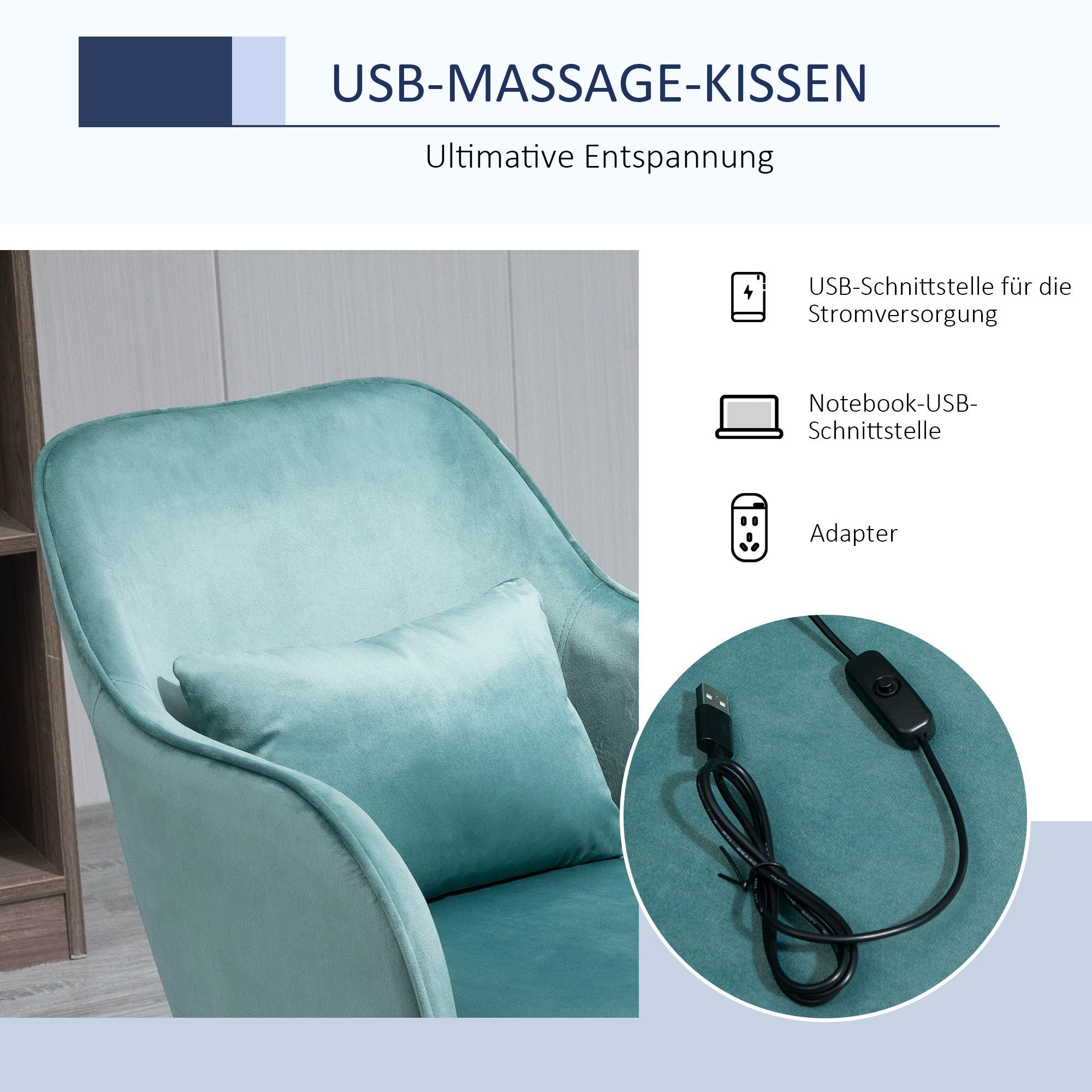 Vinsetto Schreibtischstuhl Ergonomischer Chefsessel 360° Drehbar Computerstuhl, Samtoptik (Massagestuhl, 1 St), für Büro, Grün – Bild 5 von 5