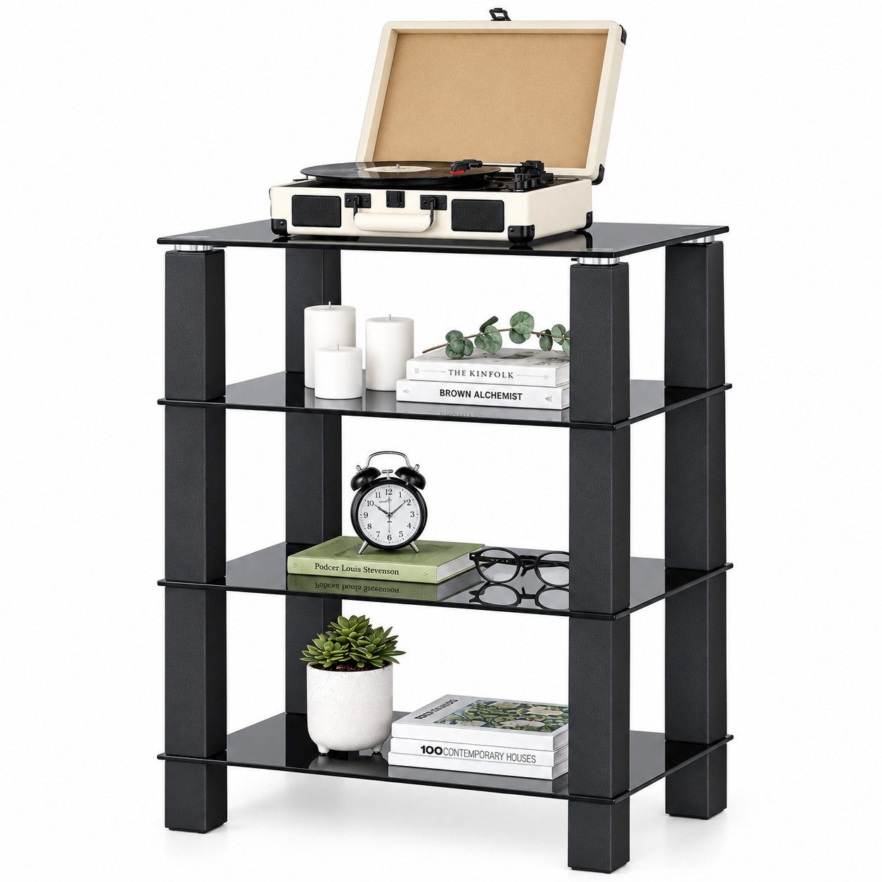 FITUEYES TV-Ständer hifi Regal aus gehärtetem Glas mit höhenverstellbaren Ablagen, (Plattenspieler Regal, Hifimöbel)