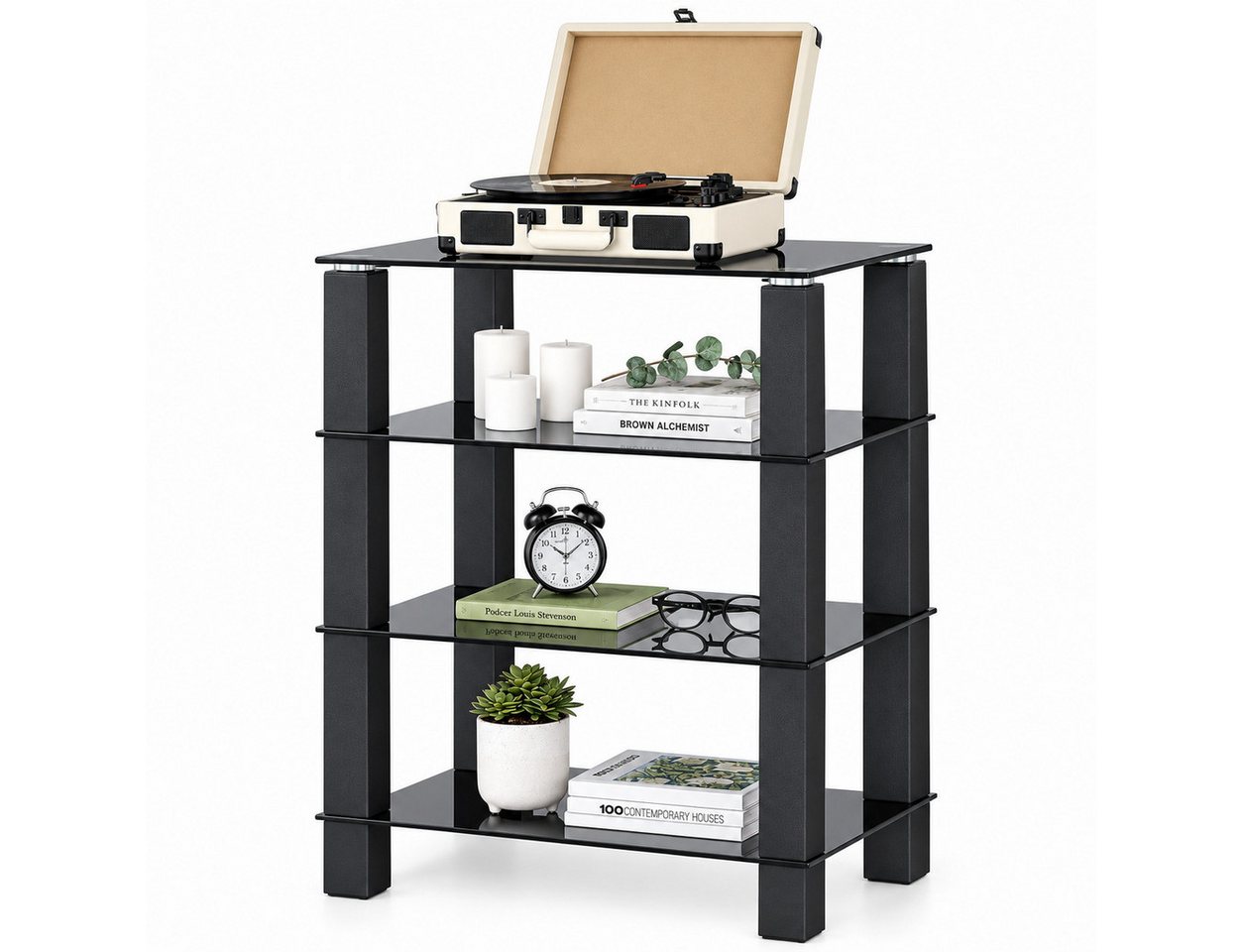 FITUEYES TV-Ständer hifi Regal aus gehärtetem Glas mit höhenverstellbaren Ablagen, (Plattenspieler Regal, Hifimöbel)