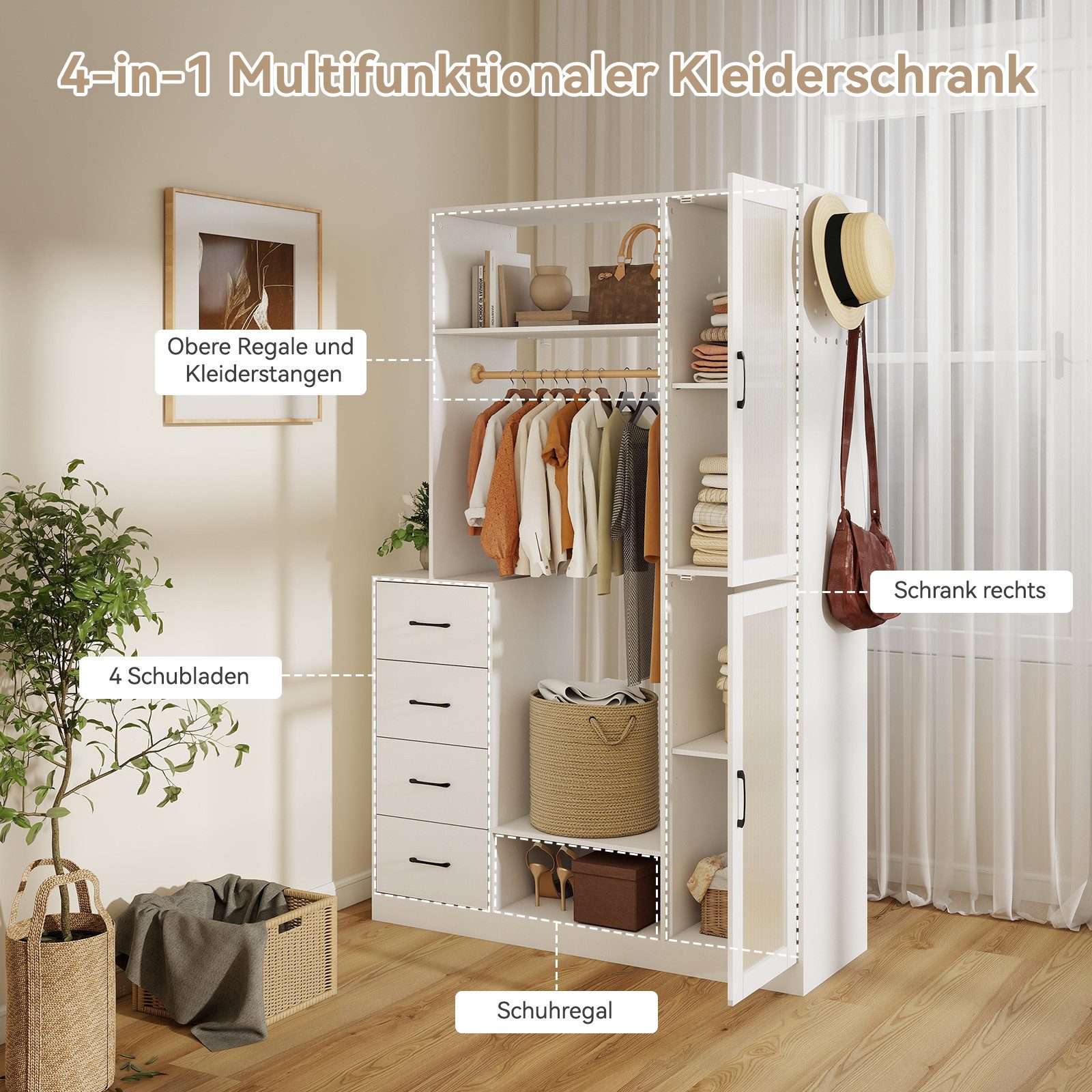 Puluomis Garderobenständer Kleiderschrank mit 4 Schubladen, Schuhregal, Lochwand 122x40x18cm weiß, verstellbare Regalböden, magnetische Schranktüren – Bild 4 von 5