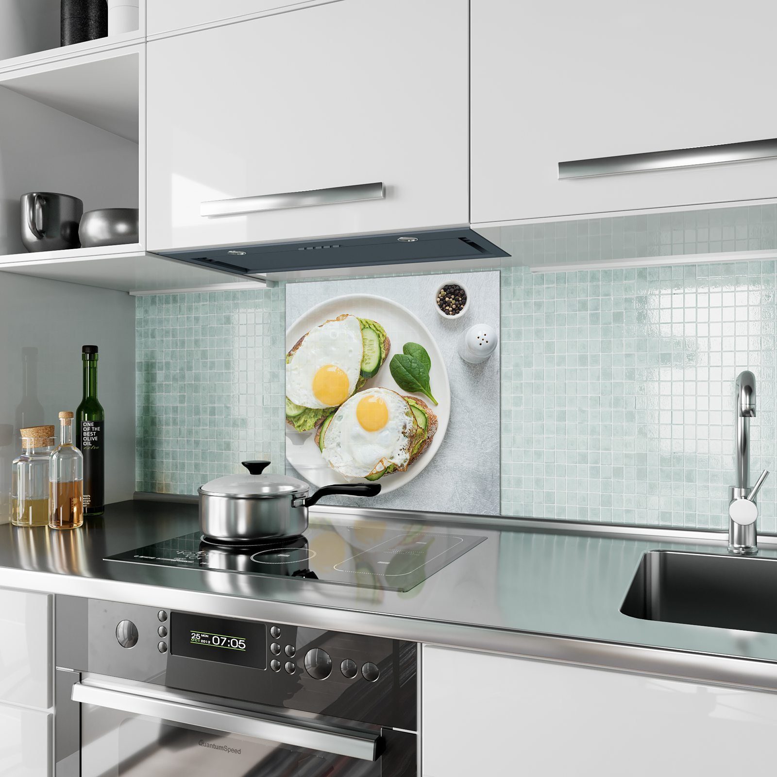 Primedeco Küchenrückwand Küchenrückwand Spritzschutz mit Avocadobrote mit Spiegelei Glas Motiv