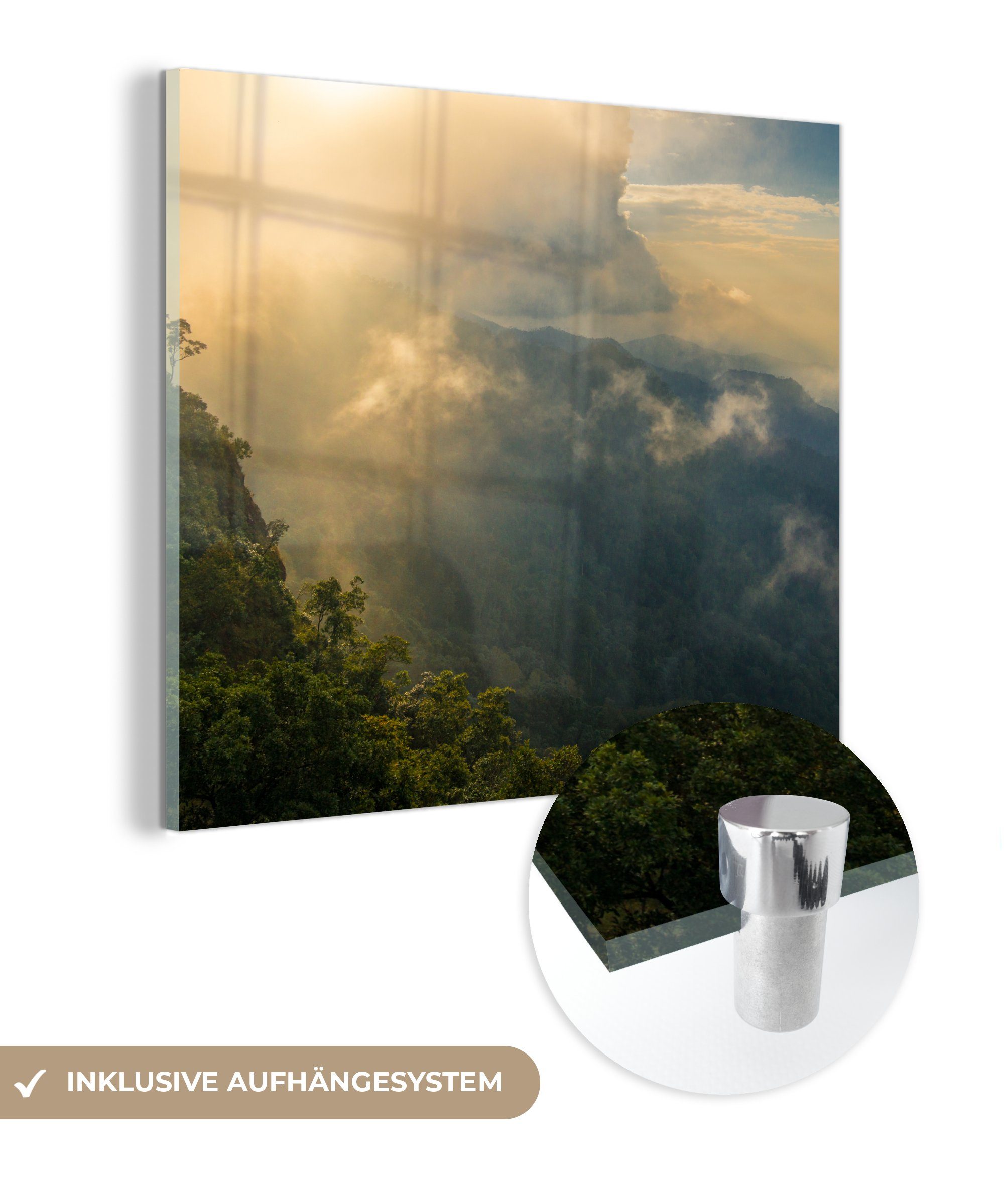 MuchoWow Acrylglasbild Sonnenschein Wanddekoration Wandbild Foto (1 - über Glas dem auf - Glas Glasbilder Dschungel, Wolken auf - St), Bilder und thailändischen