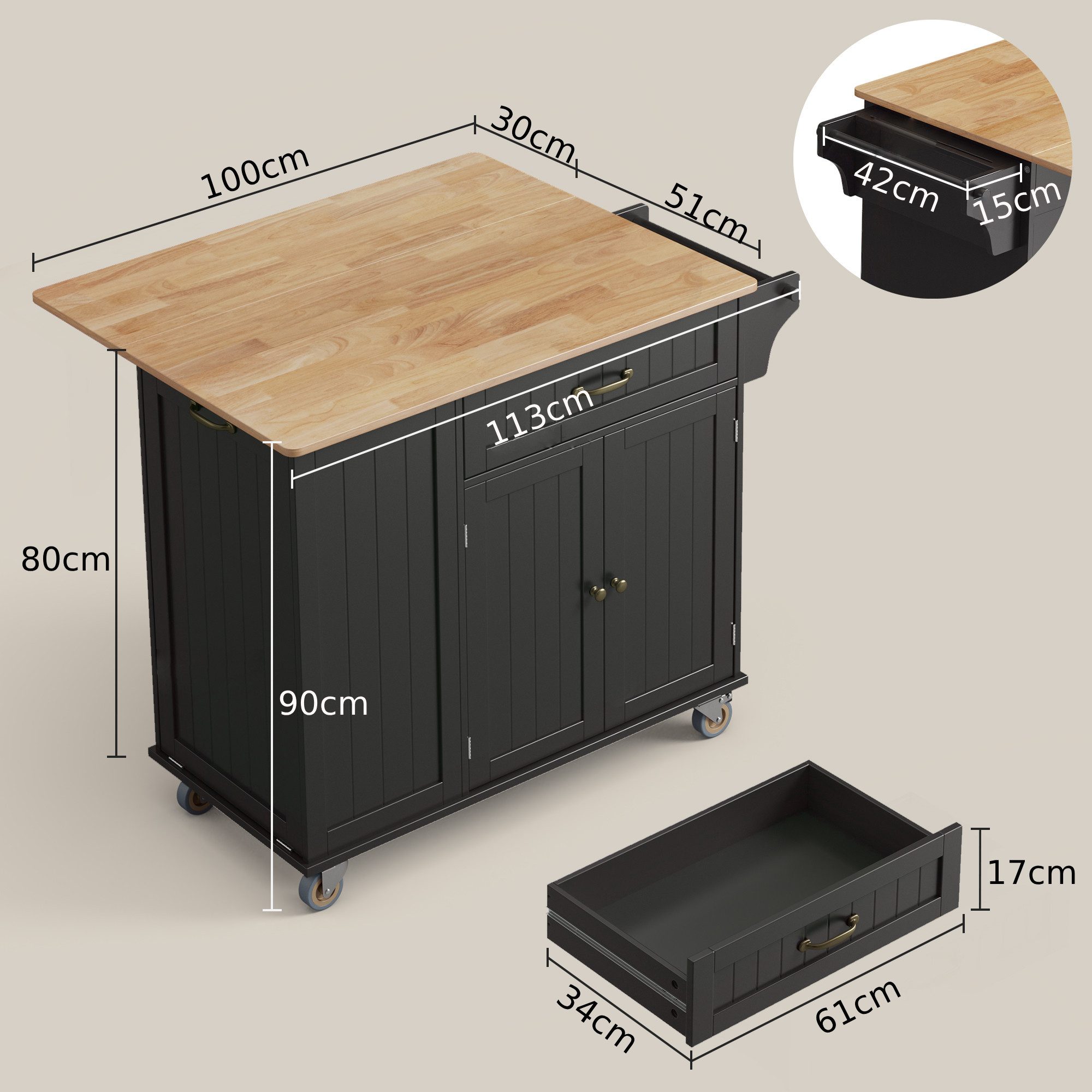Blishom Küchenwagen Fahrbare Kücheninsel mit Mülleimerfach, 113x51x91 cm, Mobile Küchenwagen mit klappbarer Arbeitsplatte und Schubladen