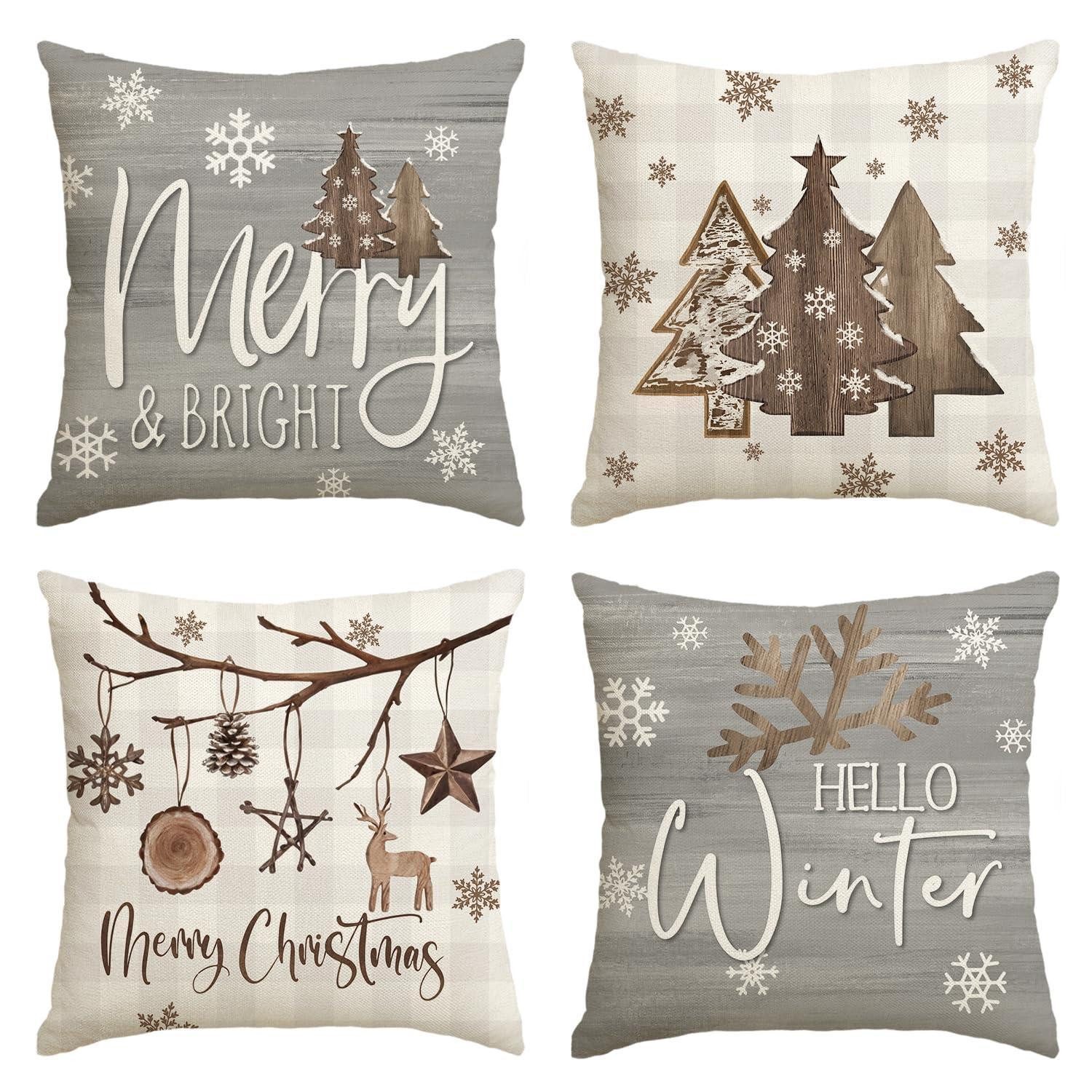LuxusKollektion Kissenbezüge Kissenbezüge Karo Rentier 4er Set 50x50cm Grau, (4 Stück)
