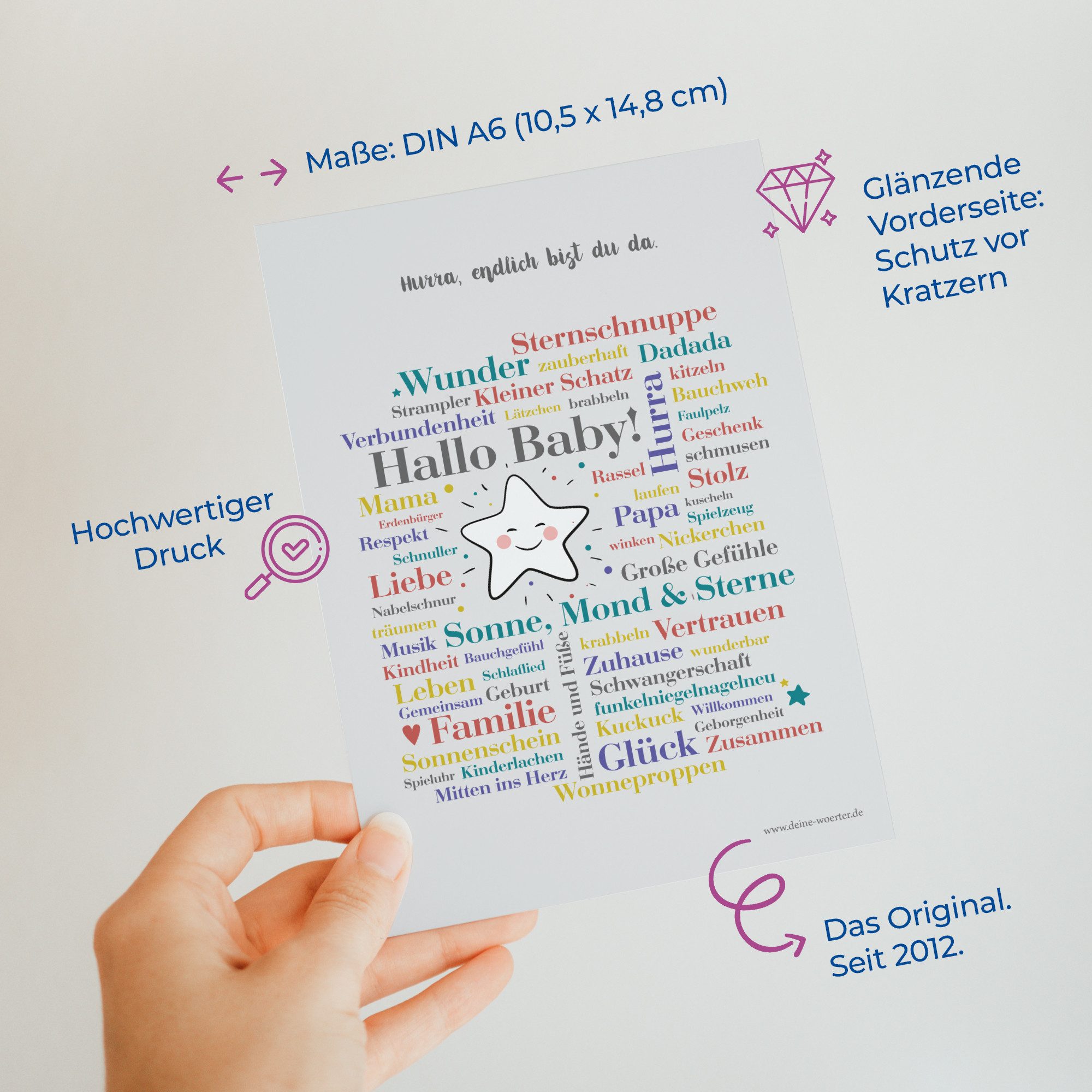 Deine Wörter Grußkarten Hallo Baby Postkartenset, 5 Karten, DIN A6, Geburt, Geschenk