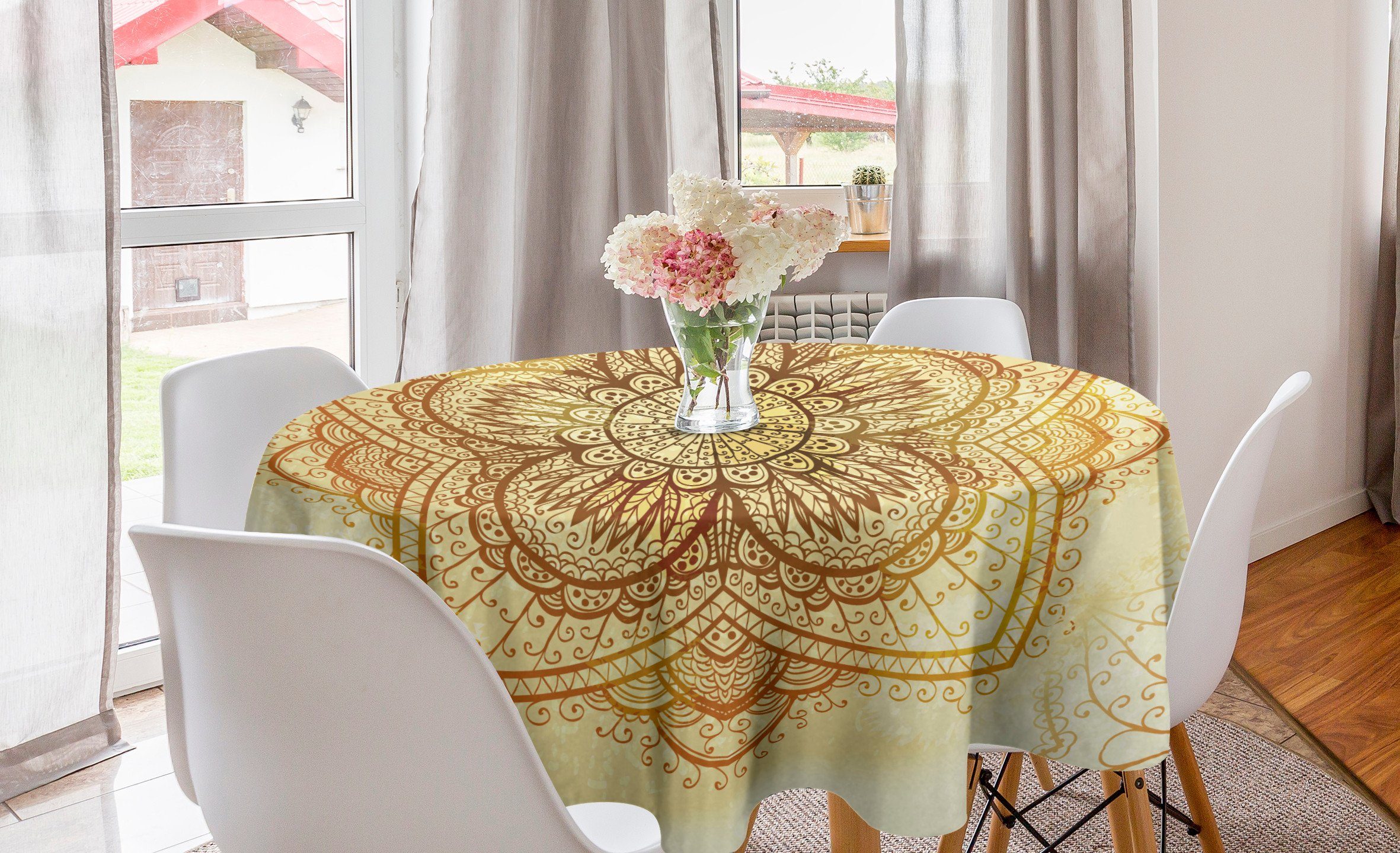 Abakuhaus Tischdecke Kreis Tischdecke Abdeckung für Esszimmer Küche Dekoration, Brown Mandala überlappten Blätter