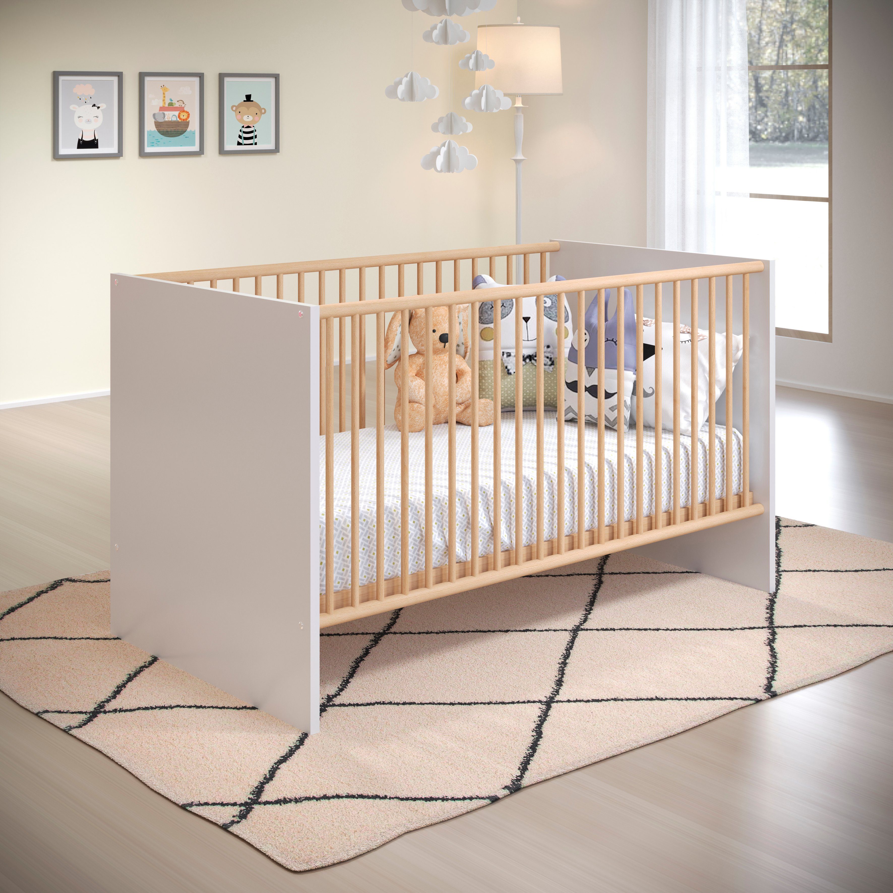 trendteam Babymöbel-Set Mats, (Set, 3-St., Melamin/Eiche Schrank) Bett, Weiß Sägerau Wickelkommode