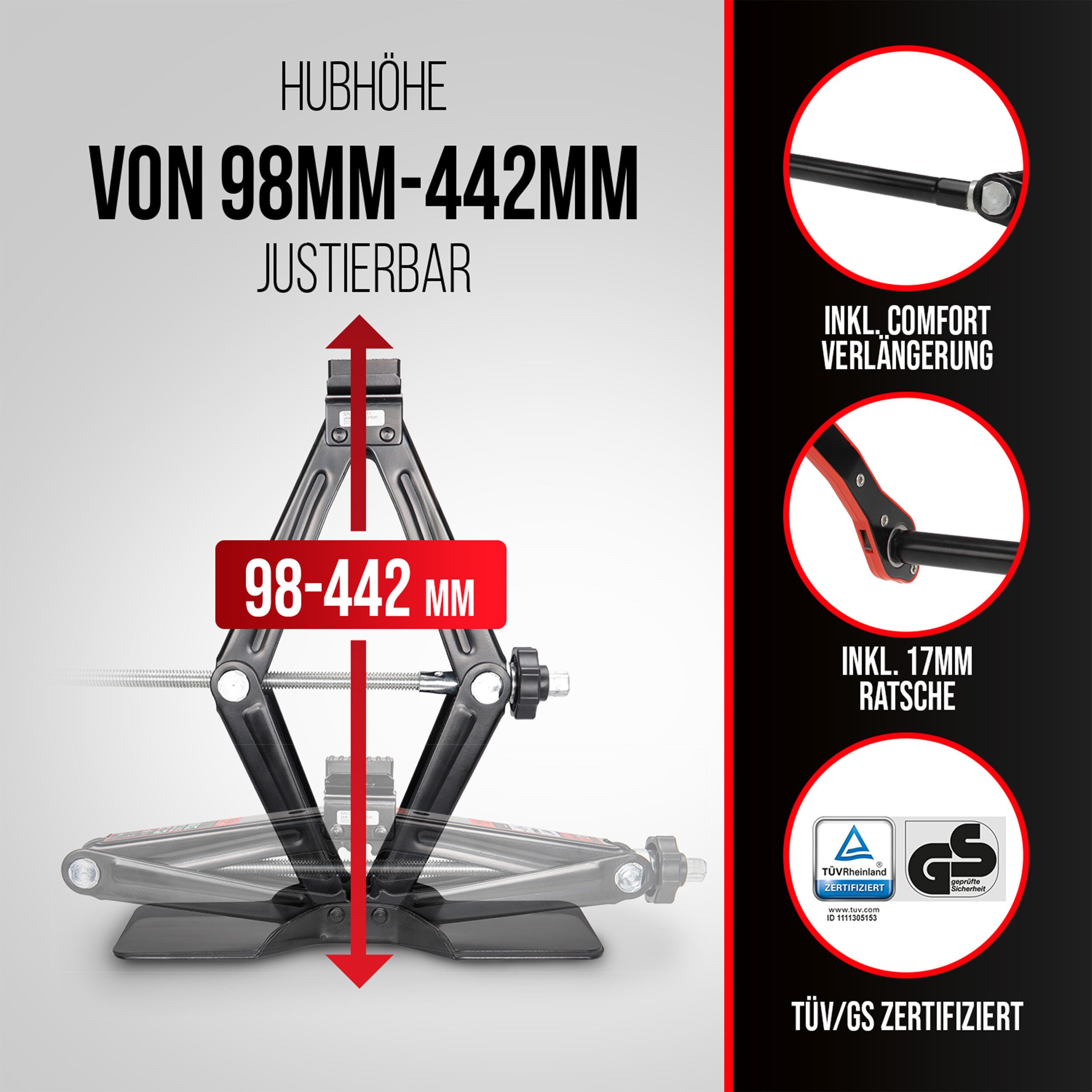 HEYNER Wagenheber Scherenwagenheber 2 t, 98–442 mm, VW ID.3 Gen 1 (FL 2023), max. Hubhöhe: 44.2 cm, Set, 1-tlg.