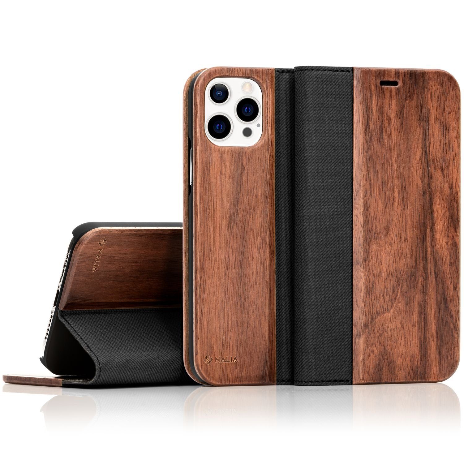 Nalia Smartphone-Hülle Apple iPhone 13 Pro Max 17 cm (6,7 Zoll), Echt Holz Klapp Hülle / Magnetverschluss / Standfunktion / Flip Case