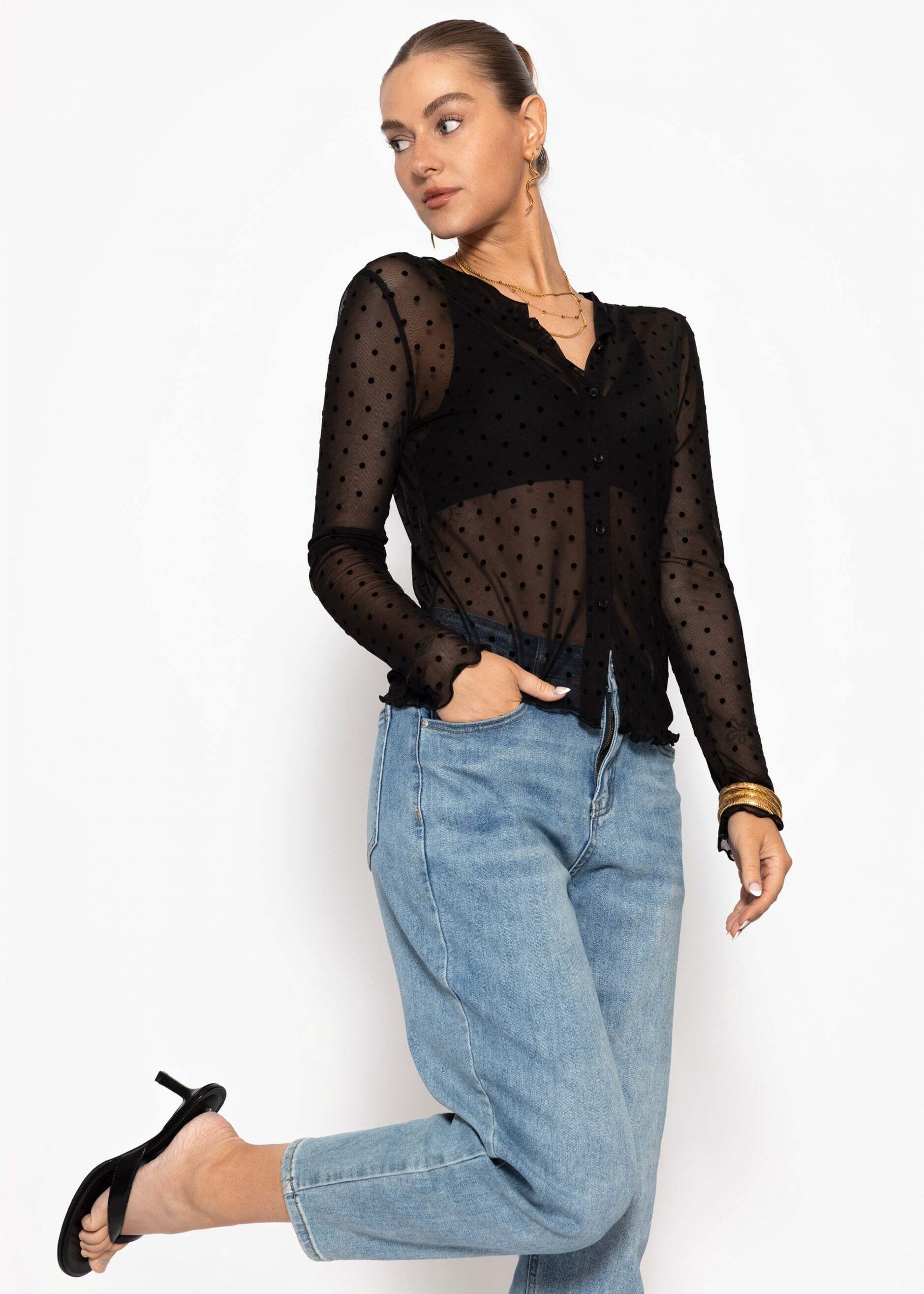 SASSYCLASSY Longshirt Mesh-Bluse mit Punktemuster für Damen Transparentes Langarmshirt mit Knopfleiste und dezentem Stehkragen – Bild 5 von 5