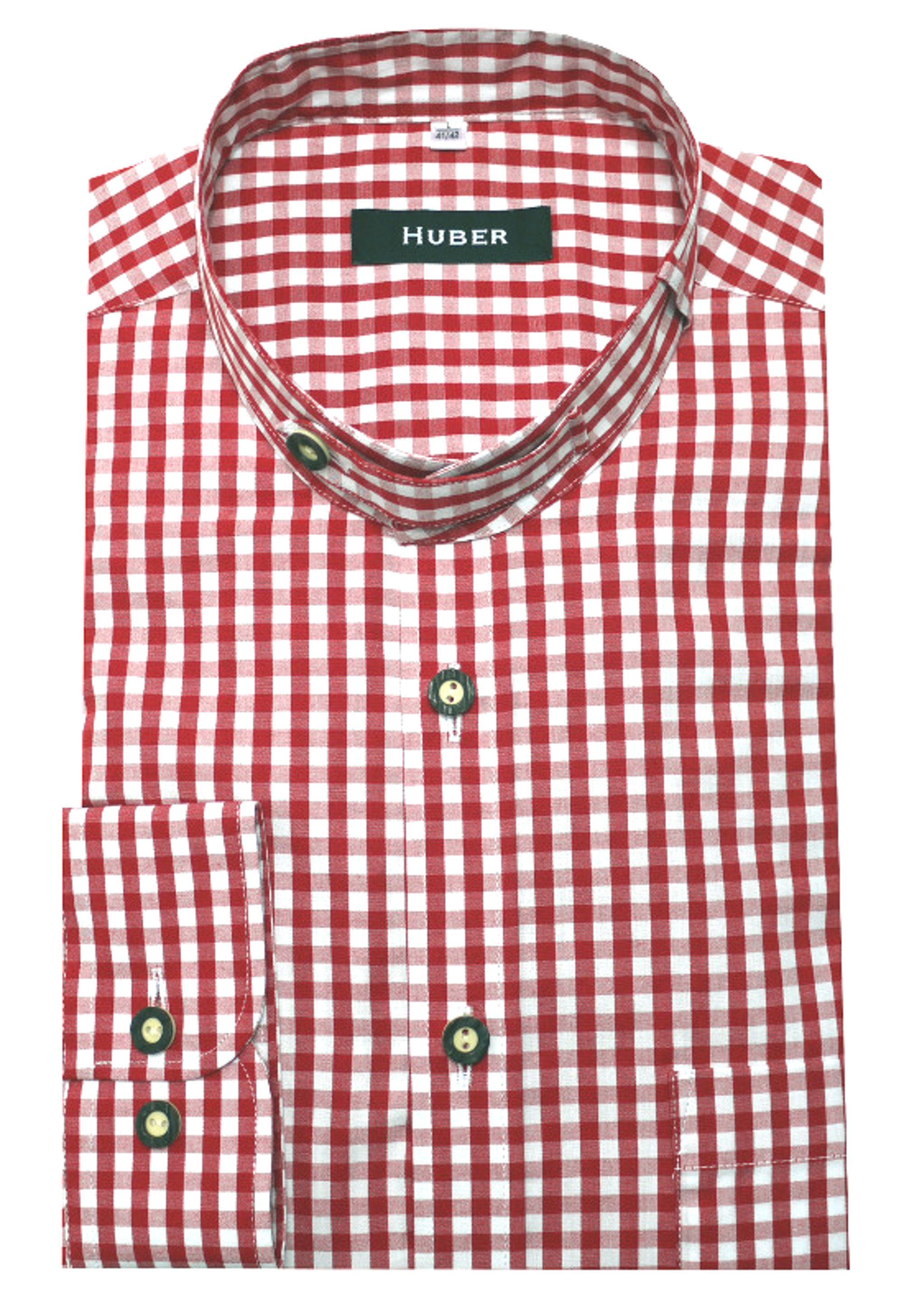 Huber Hemden Trachtenhemd HU-0722 Stehkragen mit Lasche, Krempelarm, Regular Fit-gerader Schnitt rot-weiß