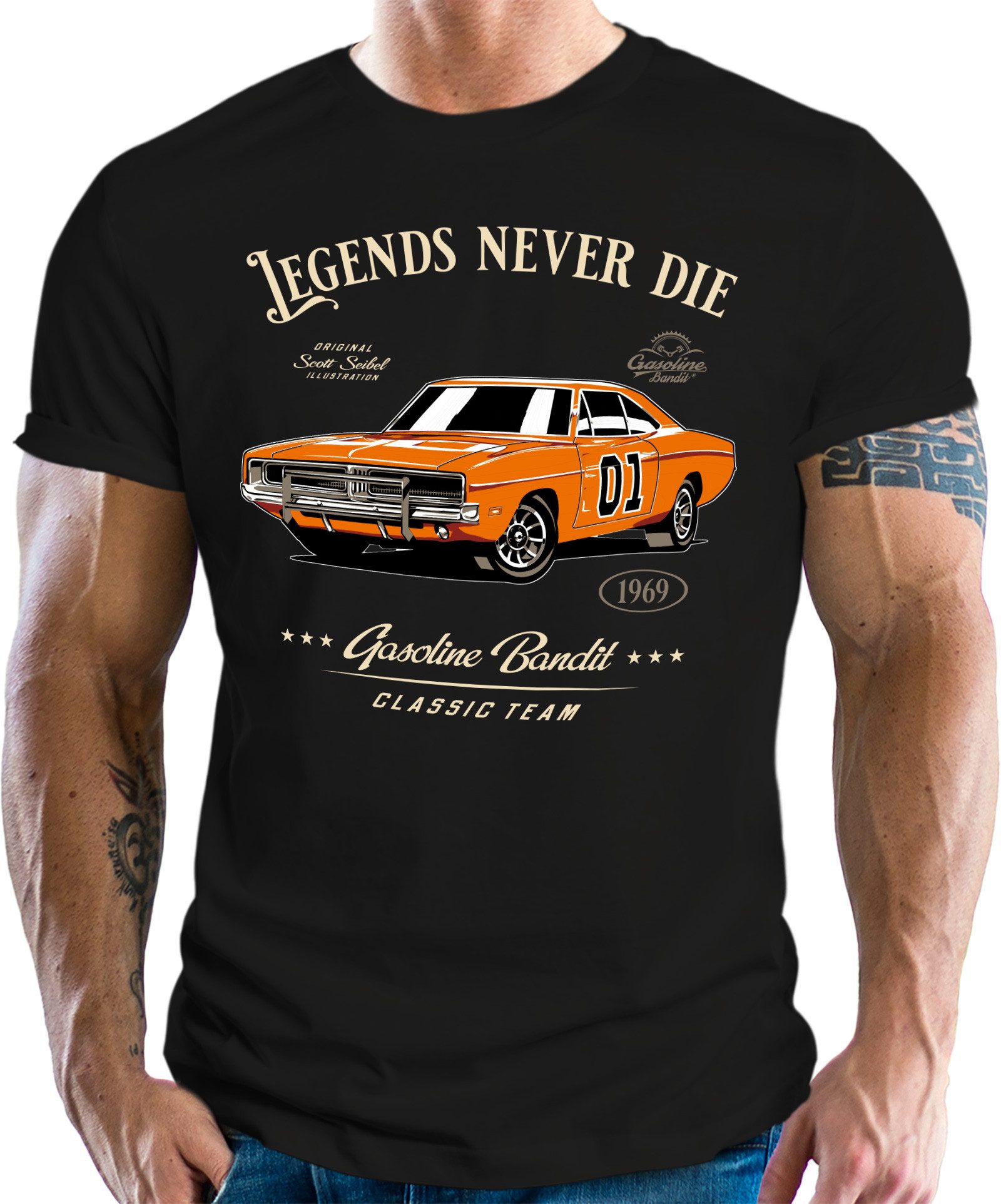 T-Shirt für US-Cars Classic Oldtimer Fans - V8 Legends never die - Charger