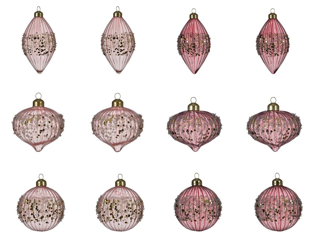 Decoris season decorations Weihnachtsbaumkugel, Weihnachtskugeln mit Oliven gerillt Glas 8cm rosa / samtpink, 12er Set