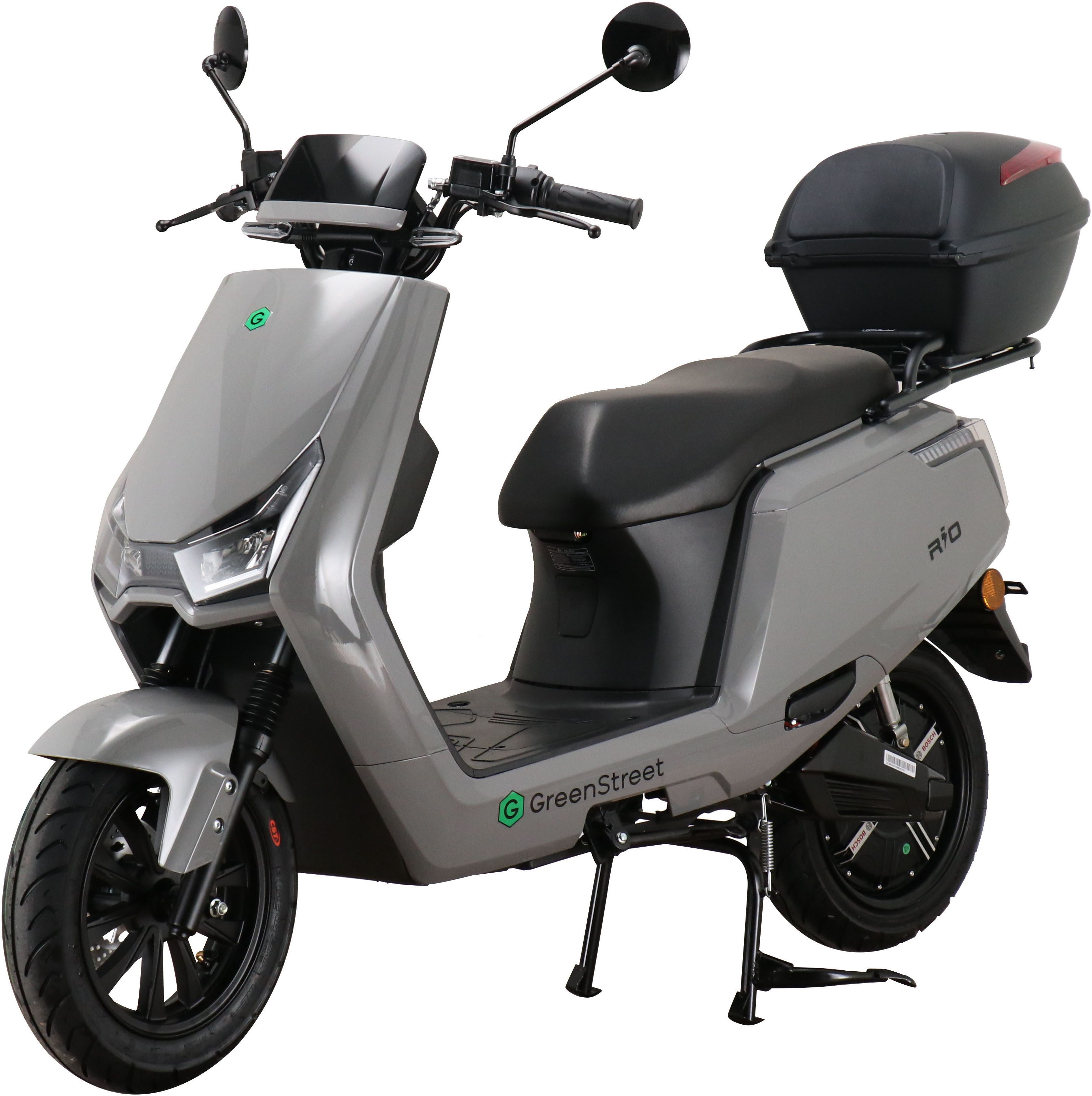 GreenStreet E-Mofaroller Rio 2000W 25 kmh grau inkl. Topcase, 2000 W, 25 km/h, bis zu 90 km Reichweite, breites Rücklicht zur besseren Sichtbarkeit