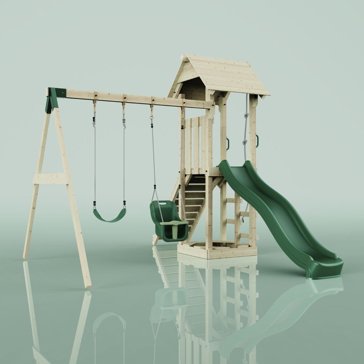 OutdoorToys Spielturm Vimmerby, aus Holz in Smaragdgrün mit Babyschaukel & Rutsche