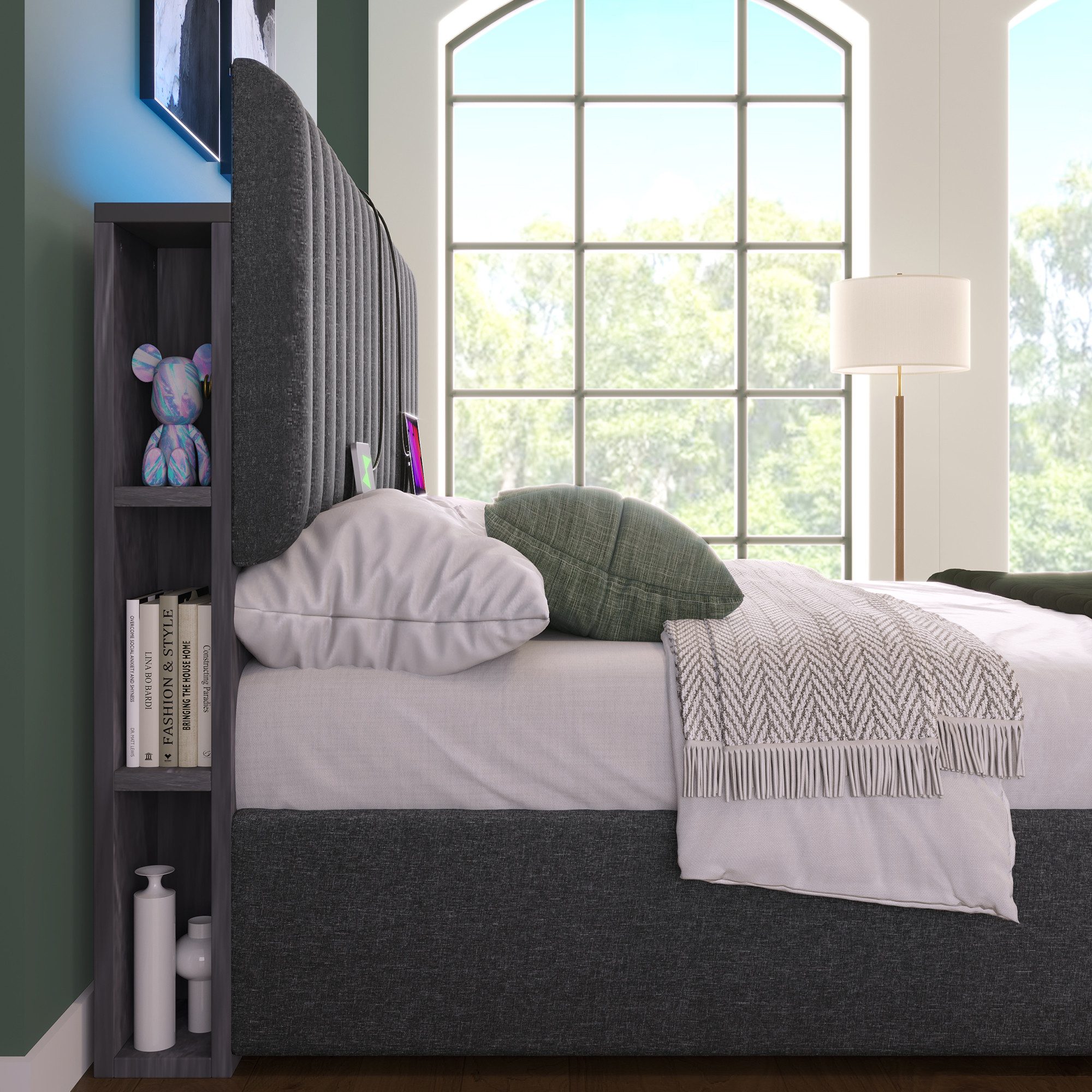 Polsterbett (Stauraumbett, Doppelbett 140x200cm mit Lattenrost und LED-Beleuchtung), mit Ladefunktion und Stauraumfächer, Verstellbares Kopfteil, Leinen