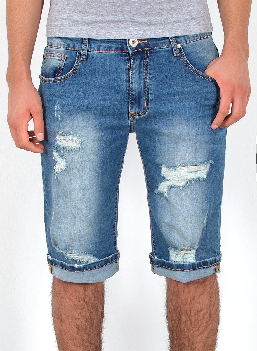 ESRA Jeansshorts A360 Herren Jeans Shorts Hose, bis Übergröße / Plussize Große Größe, Herren kurze Jeans Hose mit 5 Pocket, Herrren kurze Jeanshose mit Stretch, Jeansshorts mit Rissen Destroyed Look, Herren Capri Jeans Herren Capri Hose Herren Capri Jeanshose, Herren Shorts Jeans Straight Regular Comfort Blau Destroyed A372