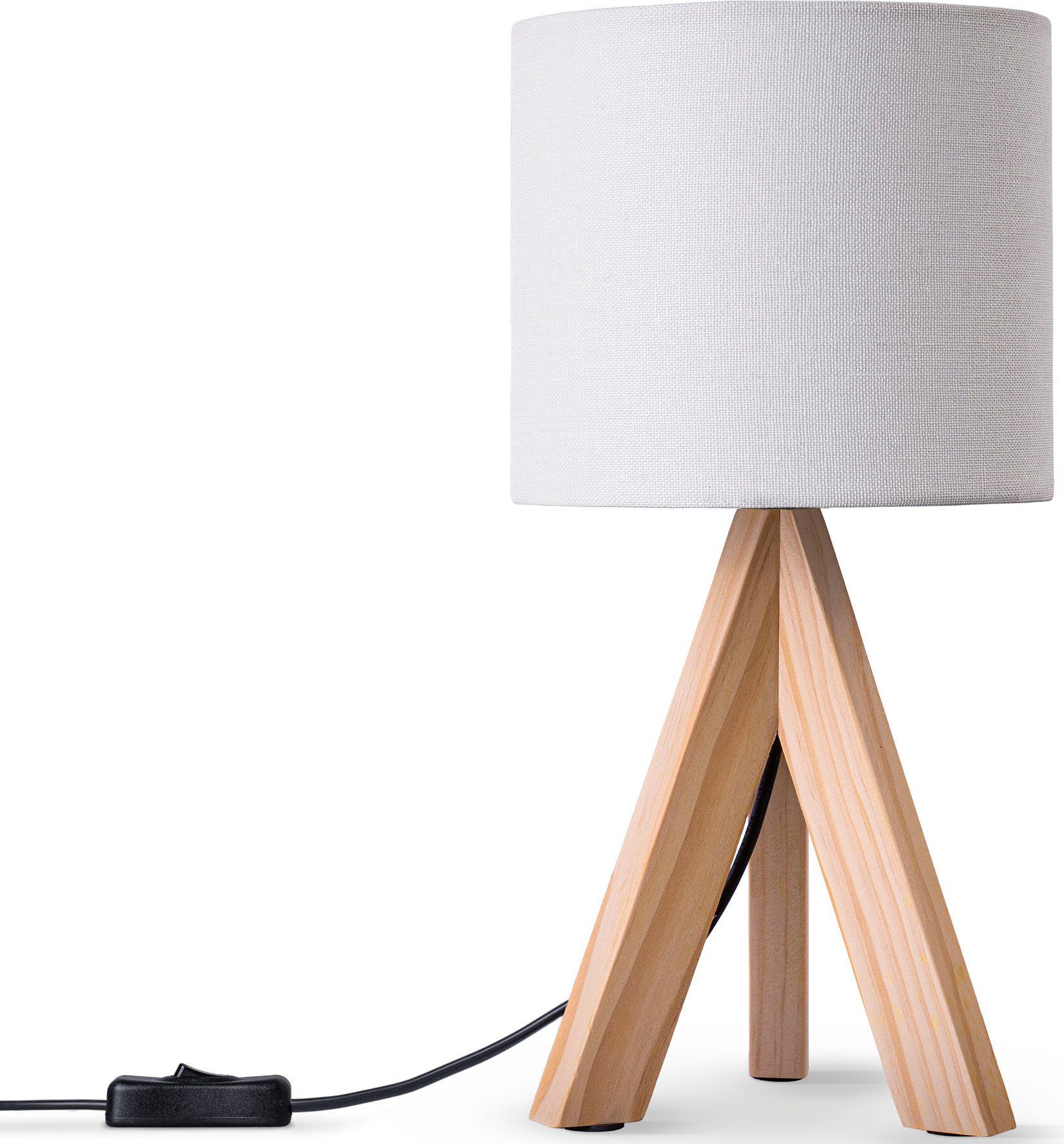 Paco Home Tischleuchte BAJO CANVAS UNI COLOR, ohne Leuchtmittel, Dreibein massiv Holz, Textilschirm uni Leinen, Ø 17 cm, H. 35 cm natur weiß | Tischlampen