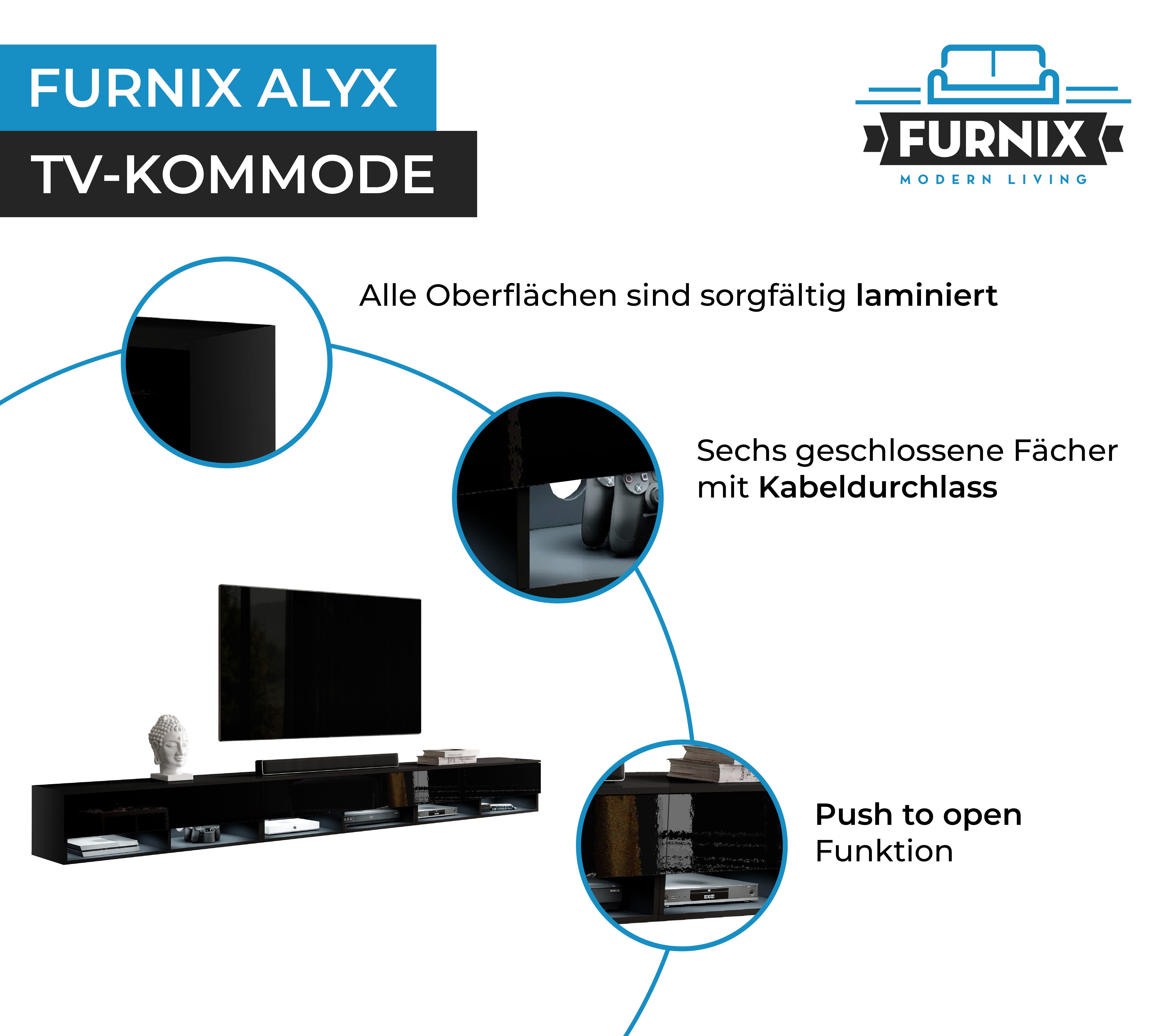 Schwarz/Schwarz Glanz T32 x TV-Kommode x B300 cm ALYX Lowboard cm 300 Türen H34 3 mit ohne Furnix TV-Schrank LED