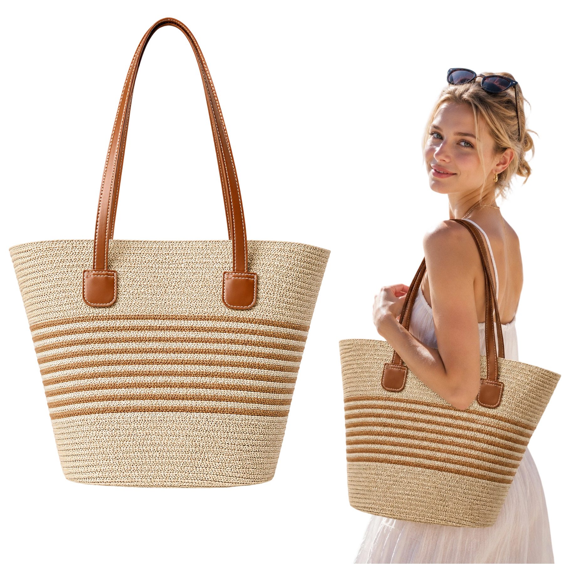 Mutig Strandtasche Strandtasche Damen aus Stroh, Geflochtene Shopper Tragetasche (Schulter- und Umhängetasche, für Strand, Pool, Urlaub, Reisen, Sommer, Einkaufen), 42 x 28 cm