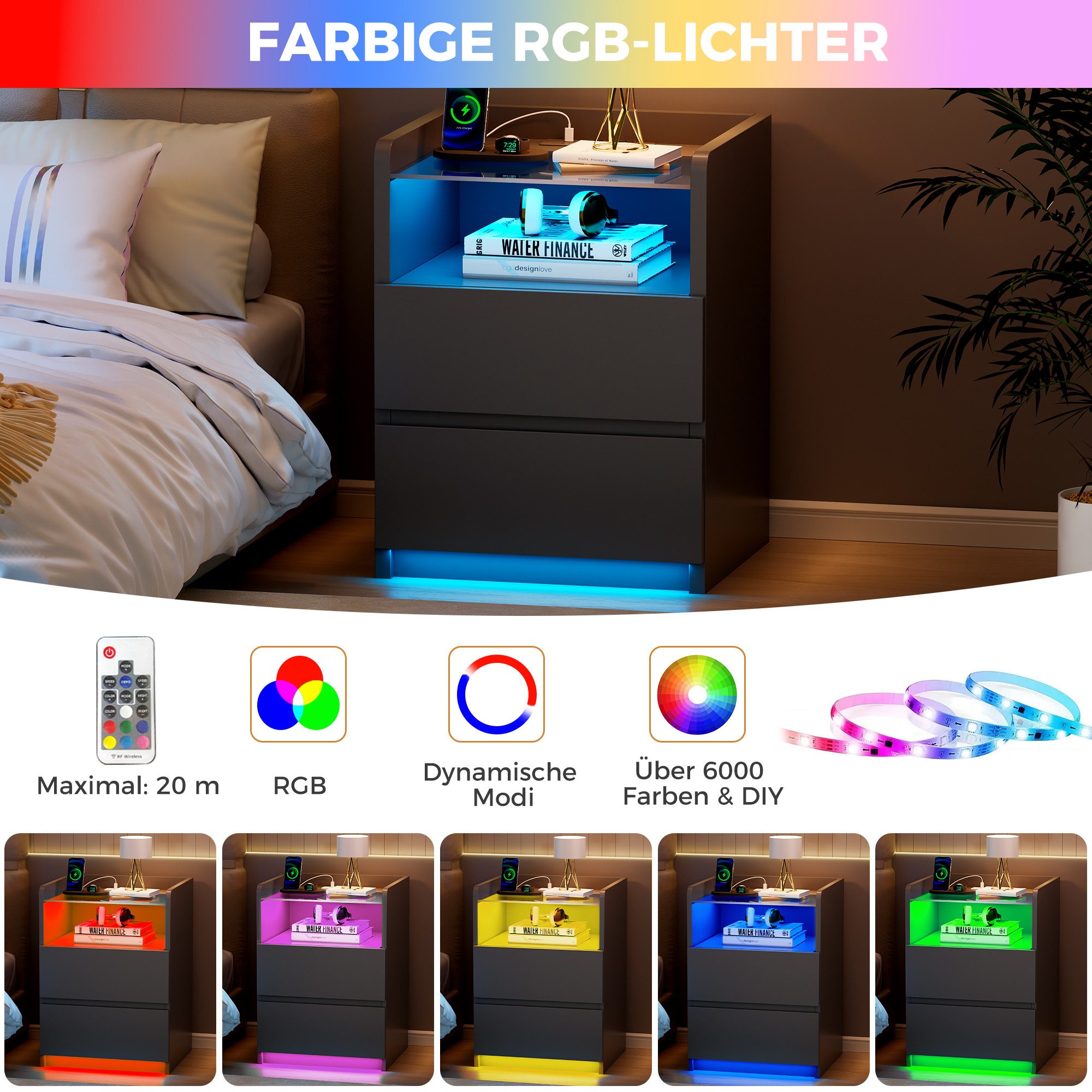 BEWISHOME Nachttisch 2er Set mit RGB-LED-Beleuchtung und Ladestation, 40x35x60 cm (2-St), Gehärtete Glasplatte, 2 Schubladen & Offenes Fach – Bild 5 von 5